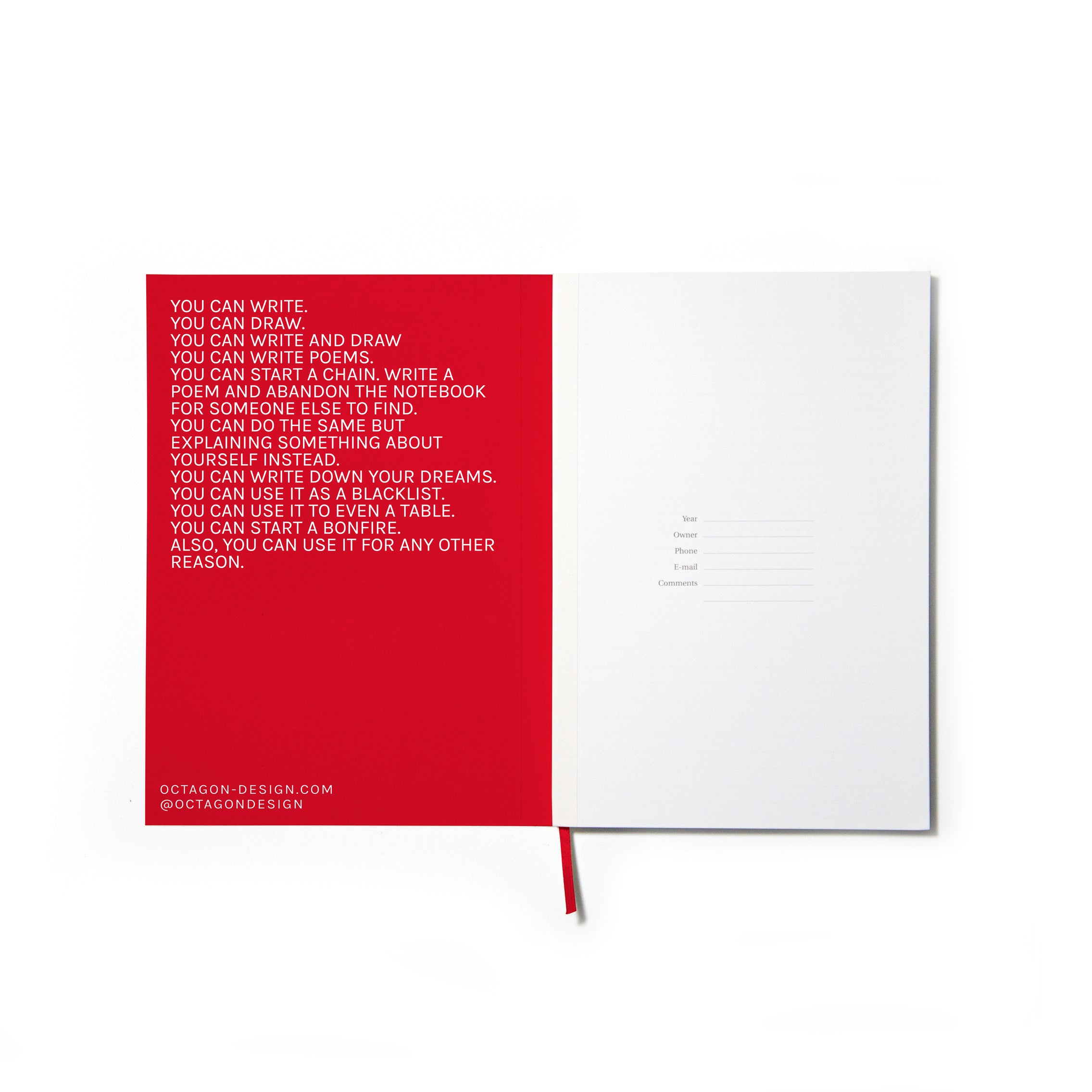 OCTÀGON DESIGN | Adult Content Notebook | Red ins¡ner cover with white typography and first page of Adult content Notebook.