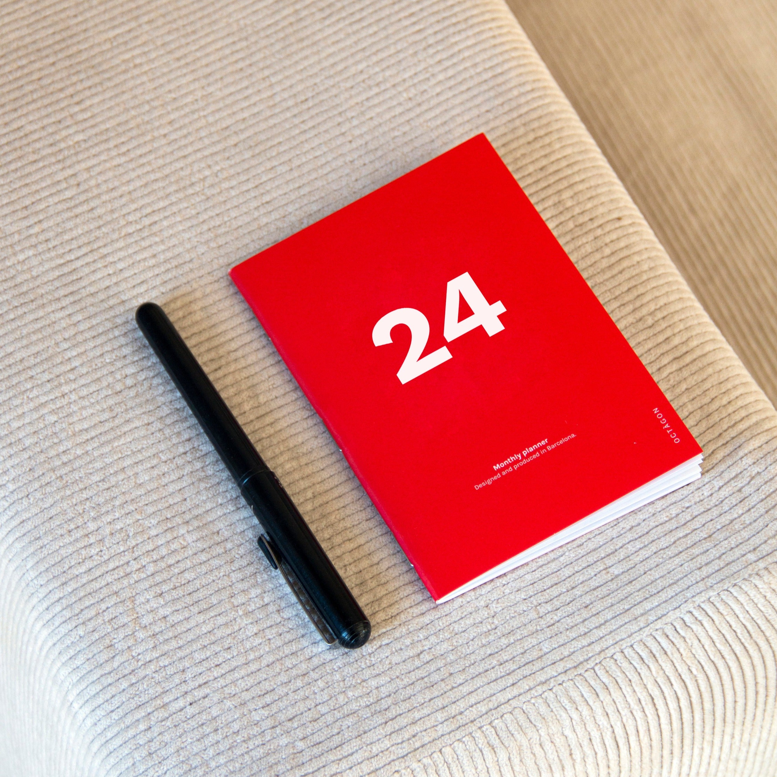 OCTÀGON DESIGN | &quot;2024 Monthly Planner Similar A6 size&quot; monthly planner, red color, white typography.