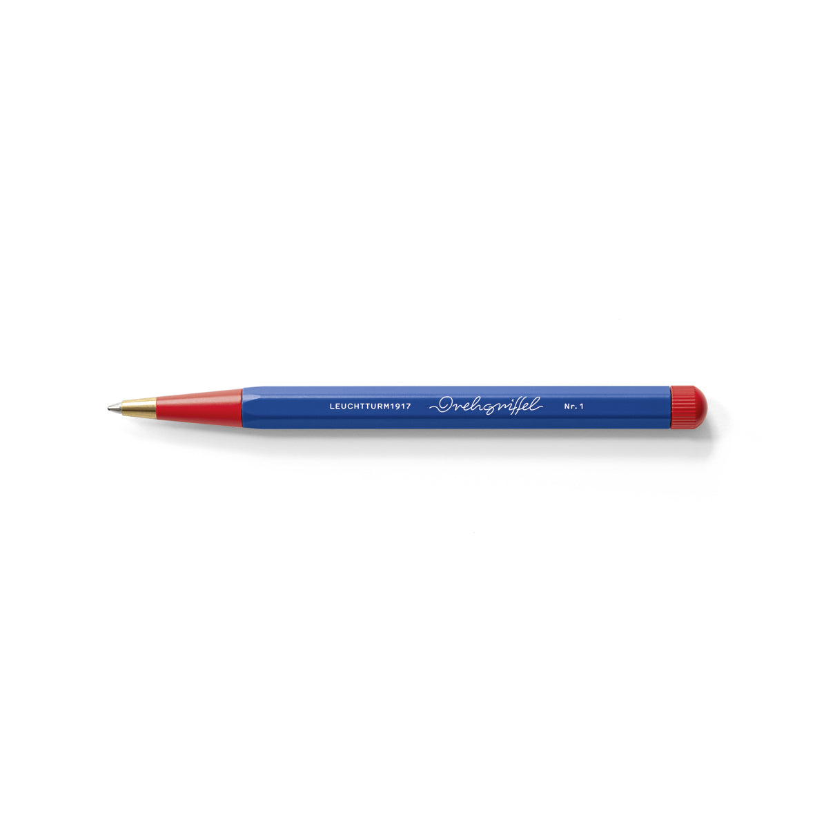 OCTÀGON DESIGN, Drehgriffel Pen , blue and red color, white typography. 