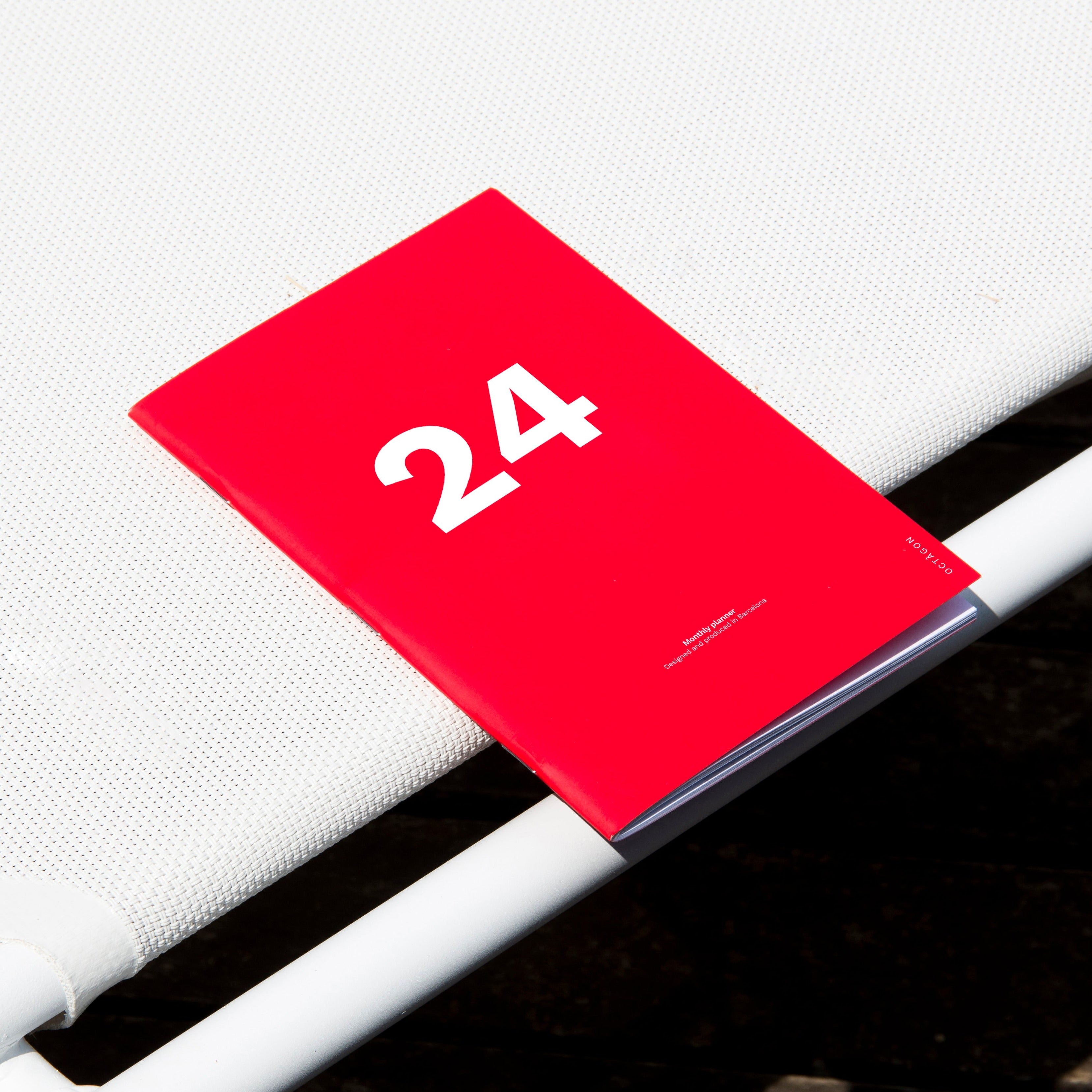 OCTÀGON DESIGN | &quot;2024 Monthly Planner A4 size&quot; monthly planner, red color, white typography.