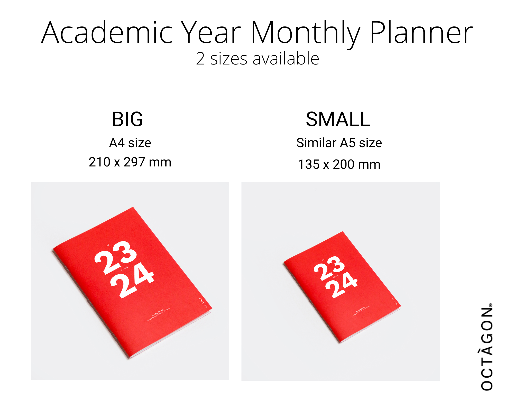OCTÀGON DESIGN | Academic Year Monthly planner (2 sizes available) | BIG: A4 size 210x297mm | SMALL: SImilar A5 size 135x200mm