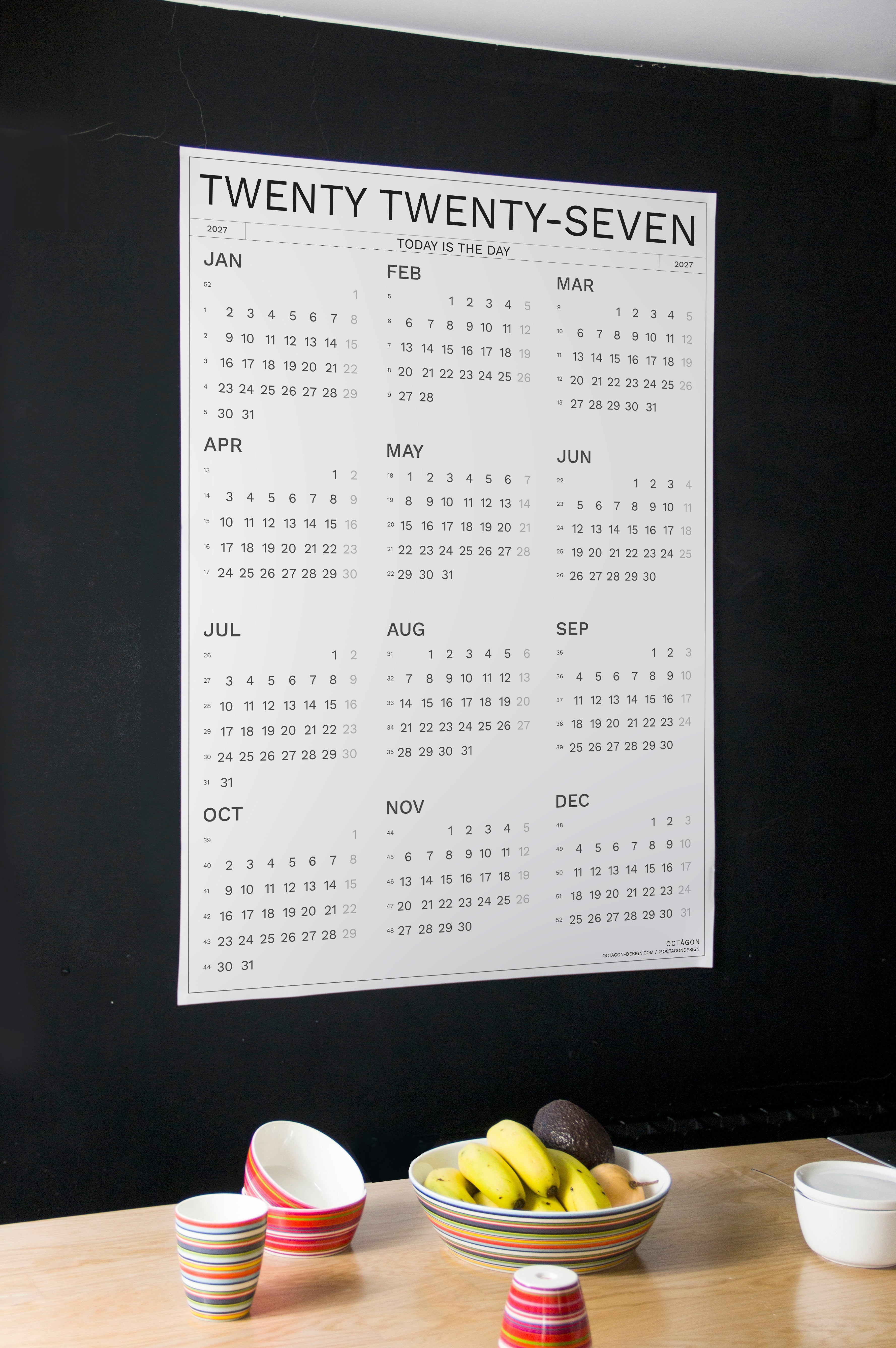2027 Wall Calendar by Octàgon Design. The calendar in the kitchen.