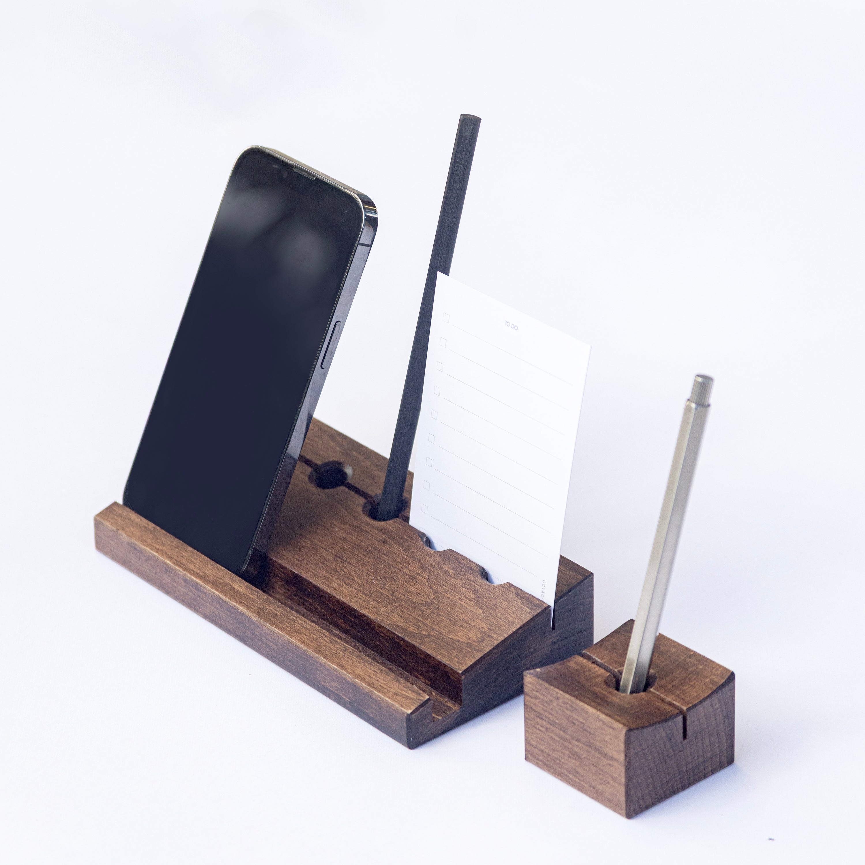 Wooden desk organizers Min Point and Min Prism with phone stand, pen holder,  on a white background