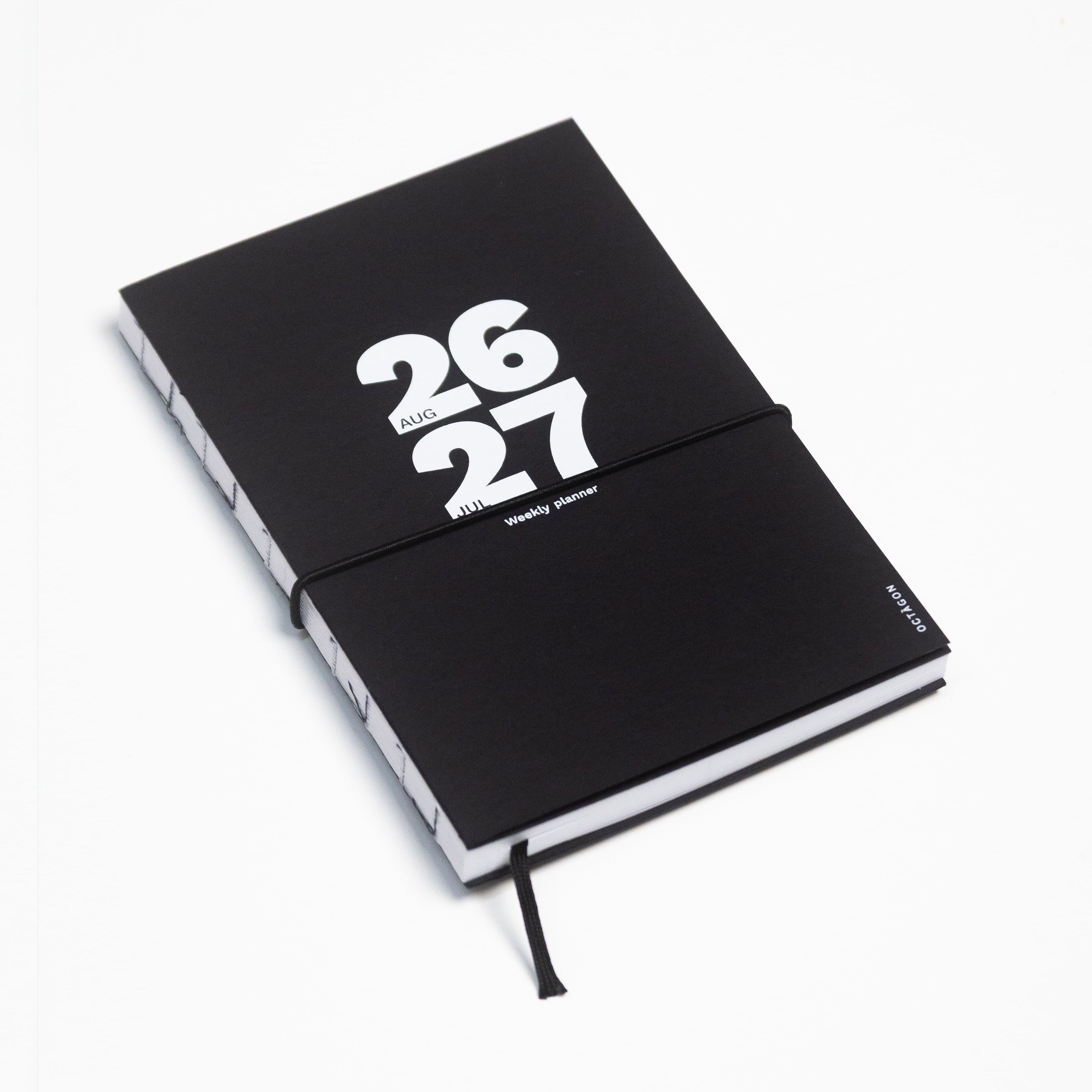 2026-2027 Academic Weekly Planner black with exposed spine and elastic band - Octàgon Design