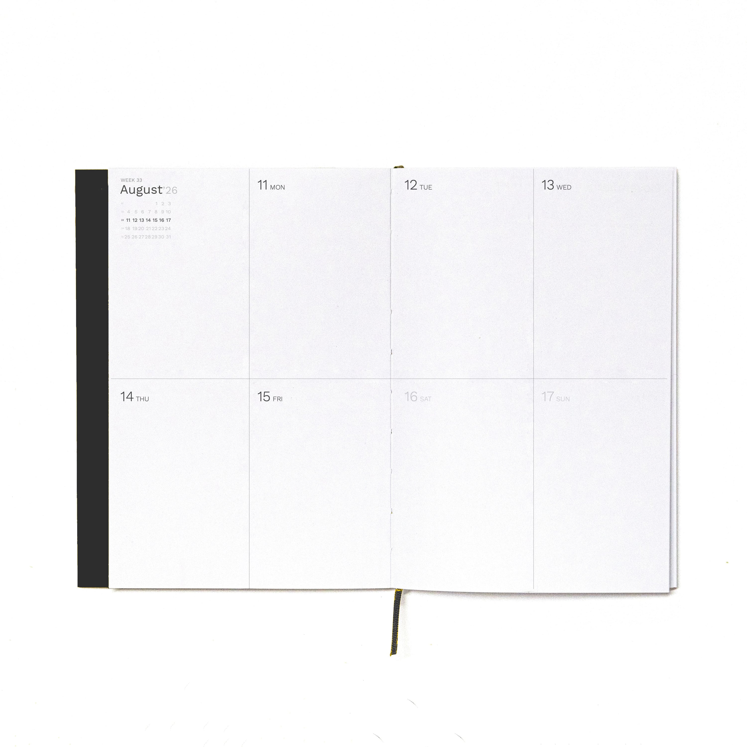 2026-2027 Weekly Planner · Planificador semanal · Tamaño similar A5 · Exposed Spine