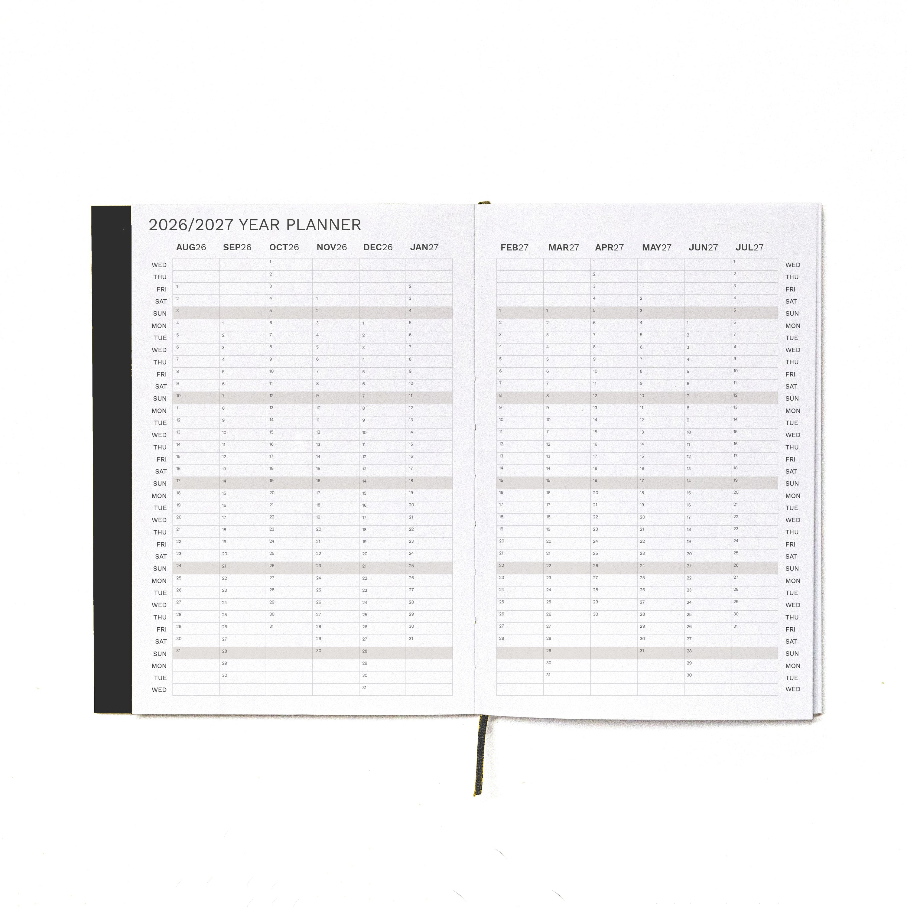 2026-2027 Weekly Planner · Planificador semanal · Tamaño similar A5 · Exposed Spine
