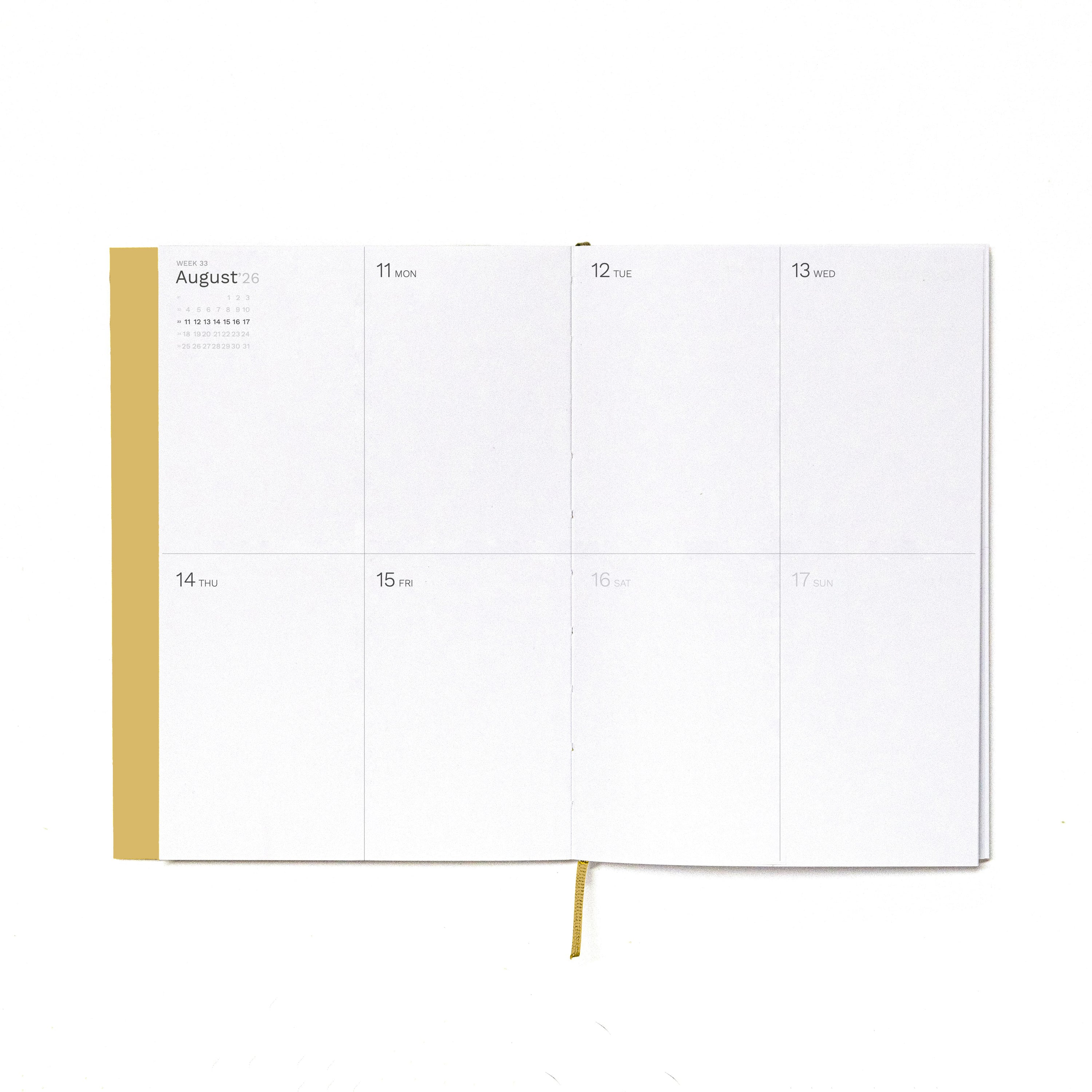 2026-2027 Weekly Planner · Planificador semanal · Tamaño similar A5 · Exposed Spine