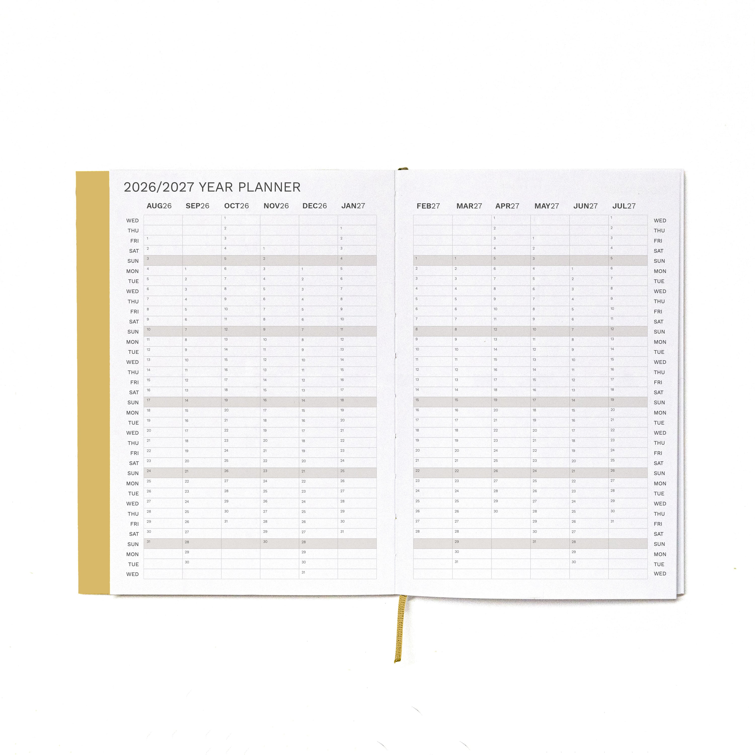 2026-2027 Weekly Planner · Planificador semanal · Tamaño similar A5 · Exposed Spine
