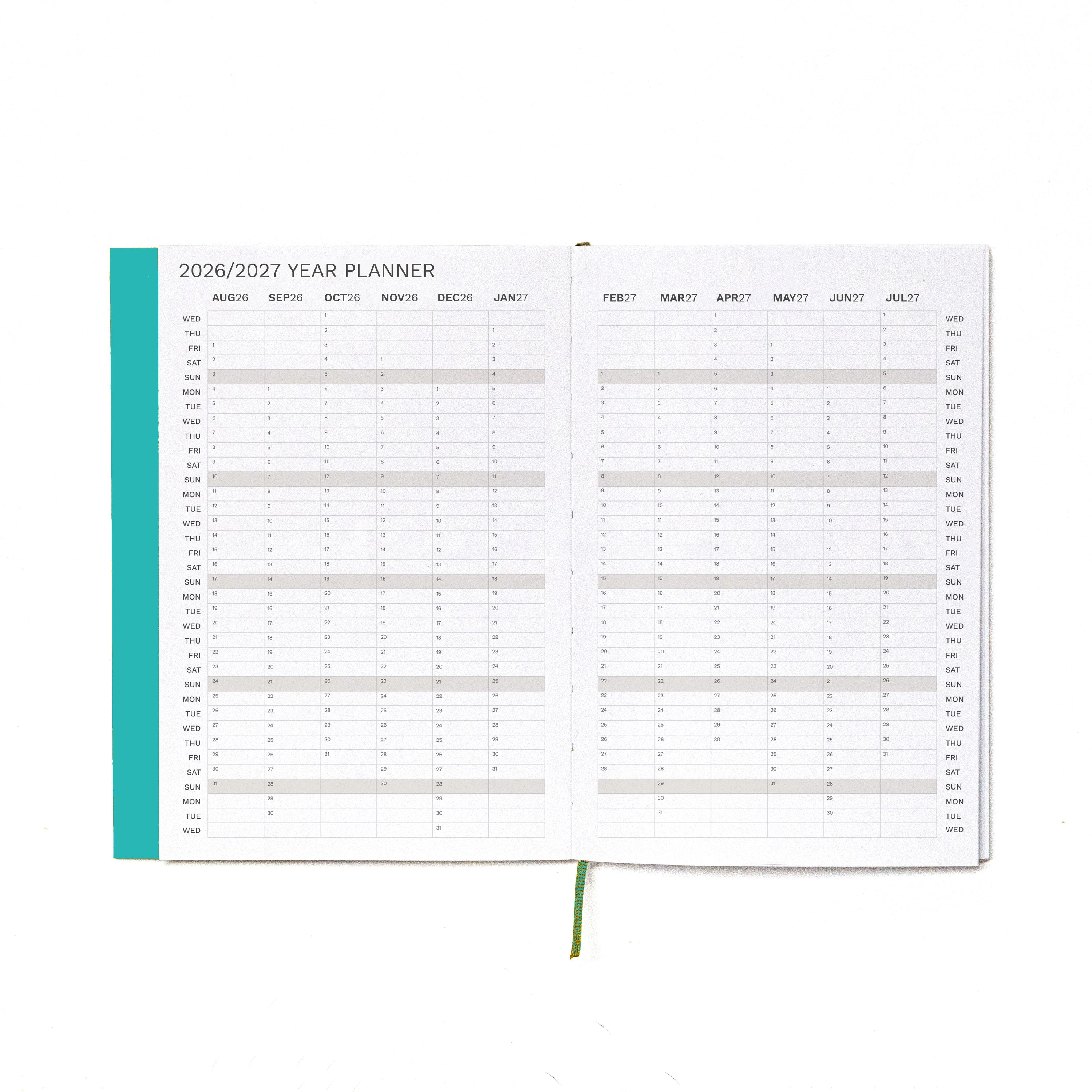 2026-2027 Weekly Planner · Planificador semanal · Tamaño similar A5 · Exposed Spine