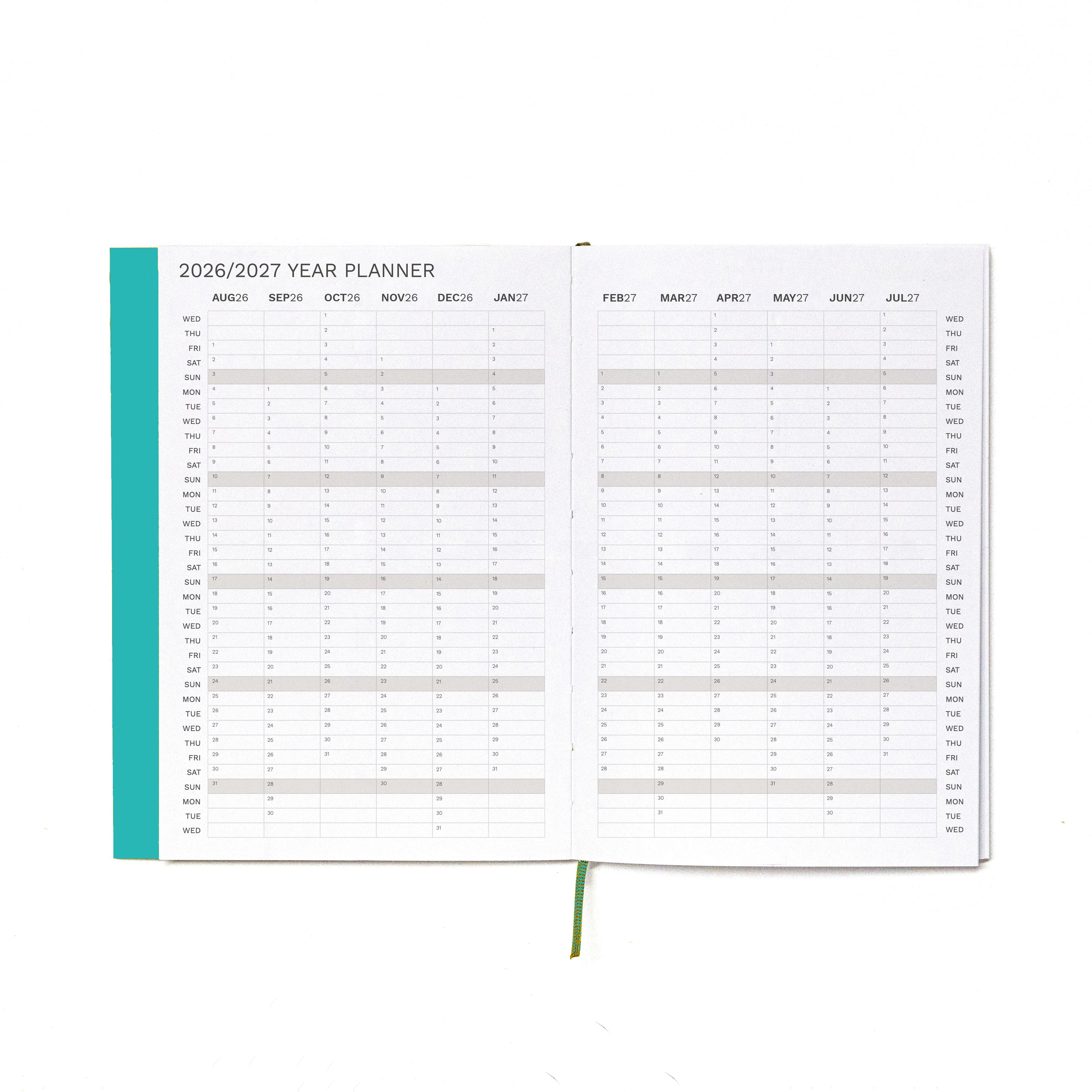 2026-2027 Academic Weekly Planner Caribbean Blue, Year Planner page - Octàgon Design