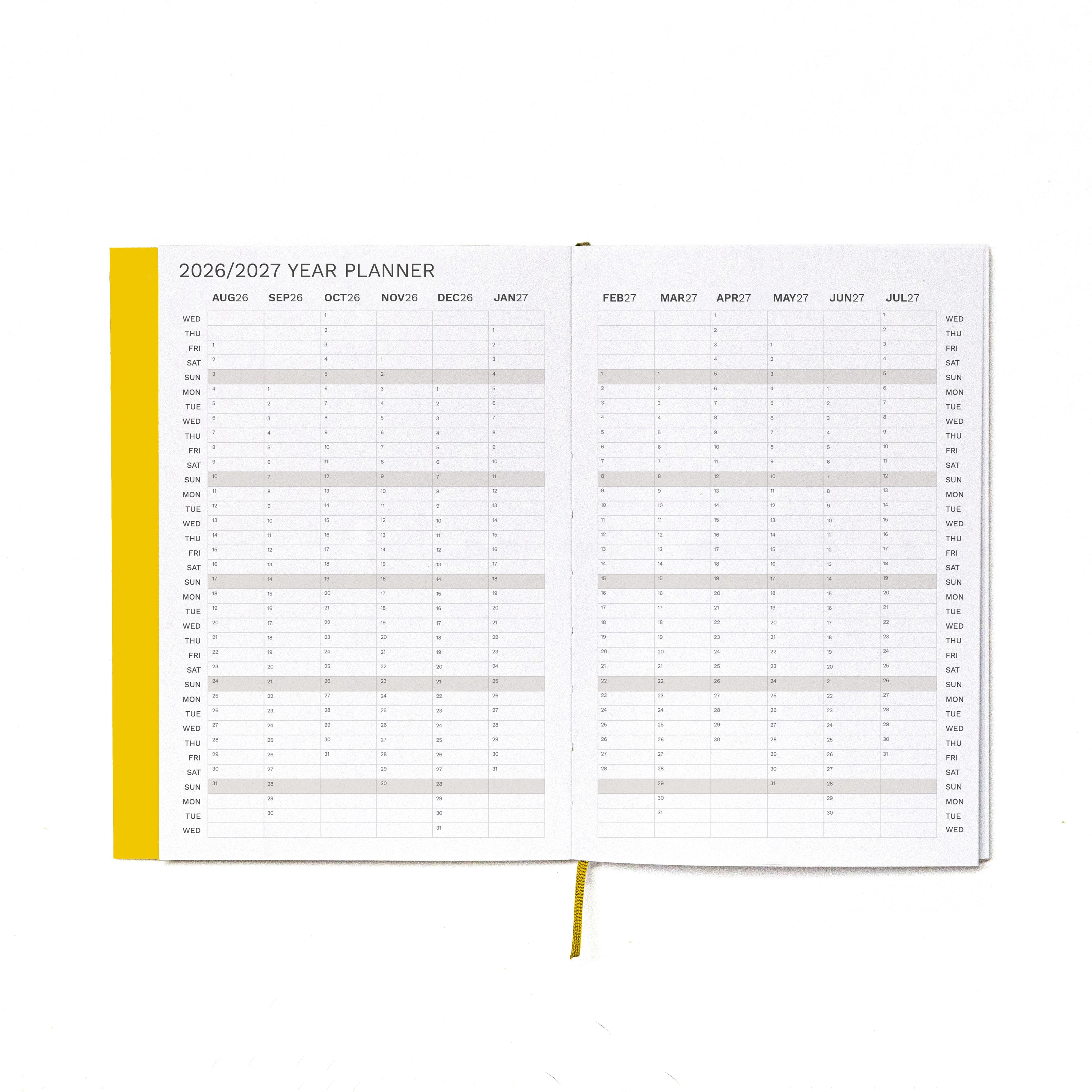 2026-2027 Weekly Planner · Planificador semanal · Tamaño similar A5 · Exposed Spine