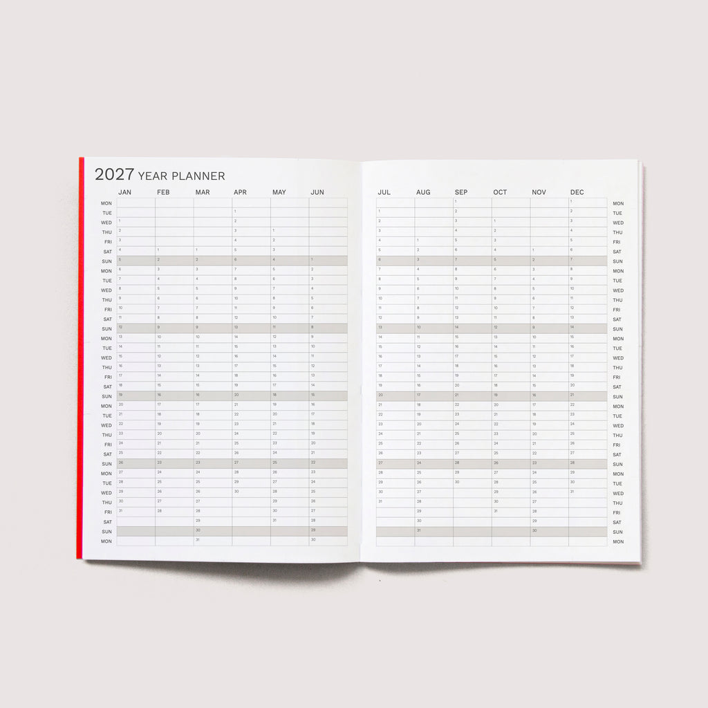 The iconic Mini Monthly Planner similar A6 size by Octàgon Design.  Year Plan page.
