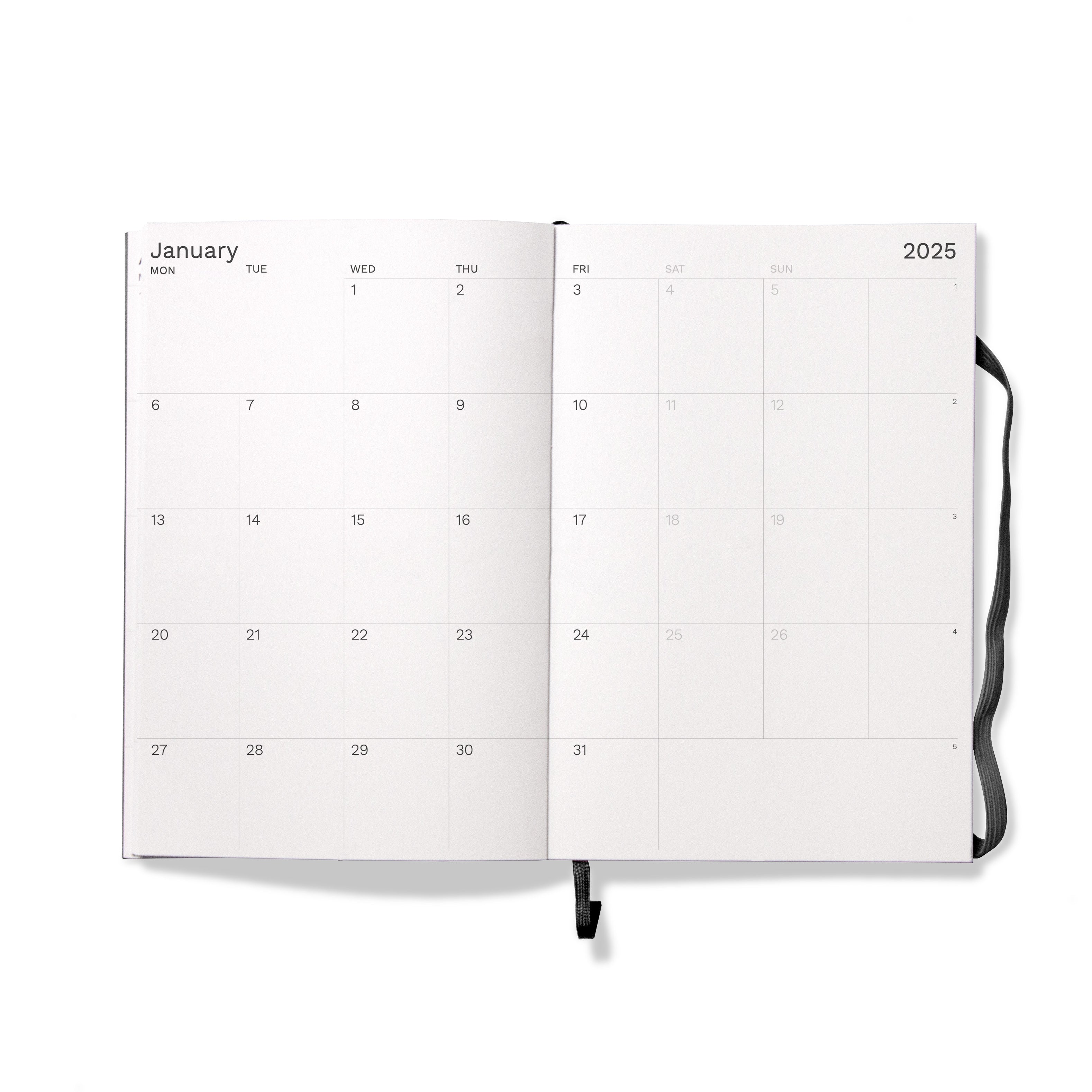 Octàgon Design 2025 Weekly Planner similar A5 size Black, front cover, monthly template