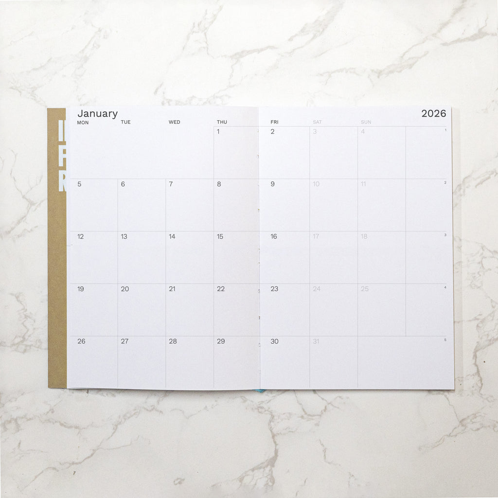 Best 2026 weekly planner A4 size from Octàgon Design. Camel color. Monthly view page.