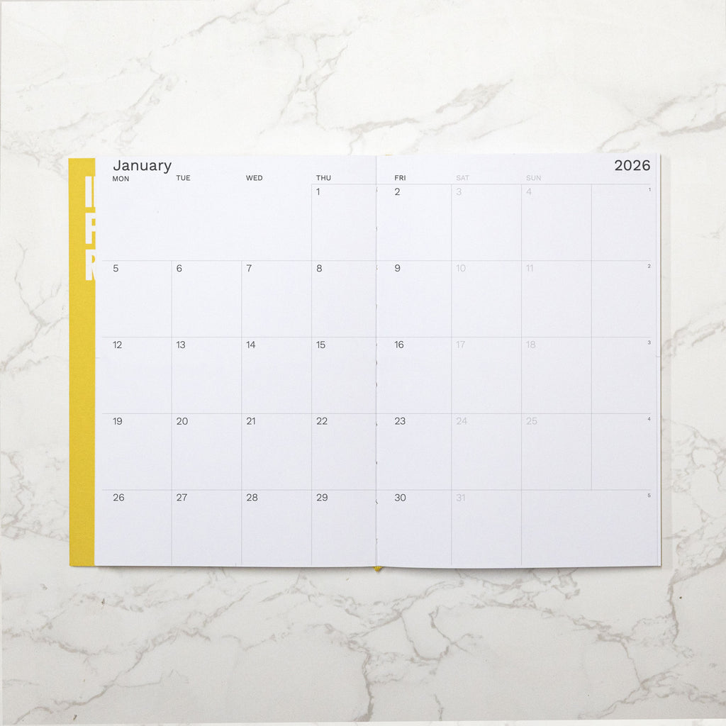 2026 Weekly Planner, best planner. From Octàgon Design. Indian Yellow color. Monthly view page.