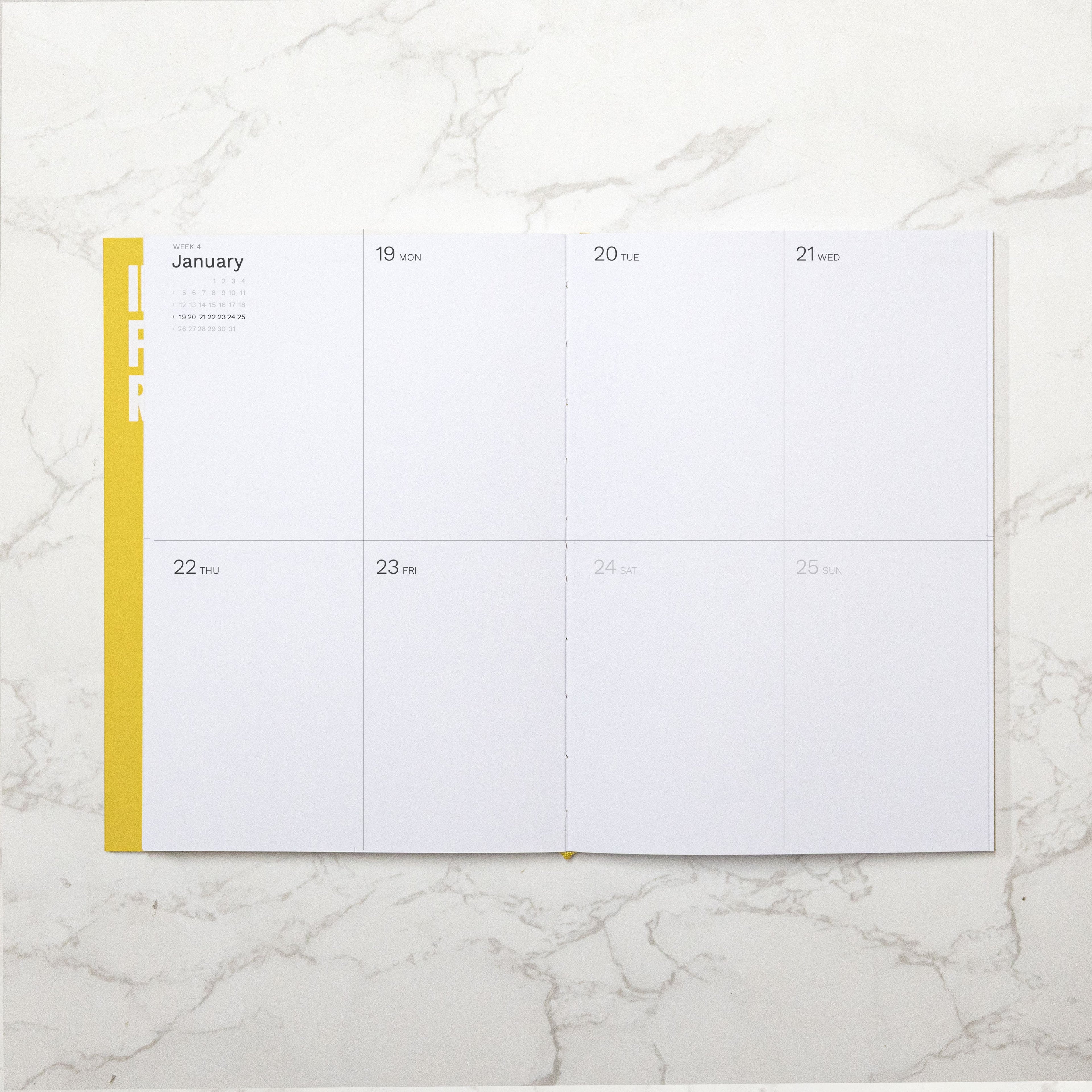 2026 Weekly Planner, best planner. From Octàgon Design. Indian Yellow color. Weekly view page.