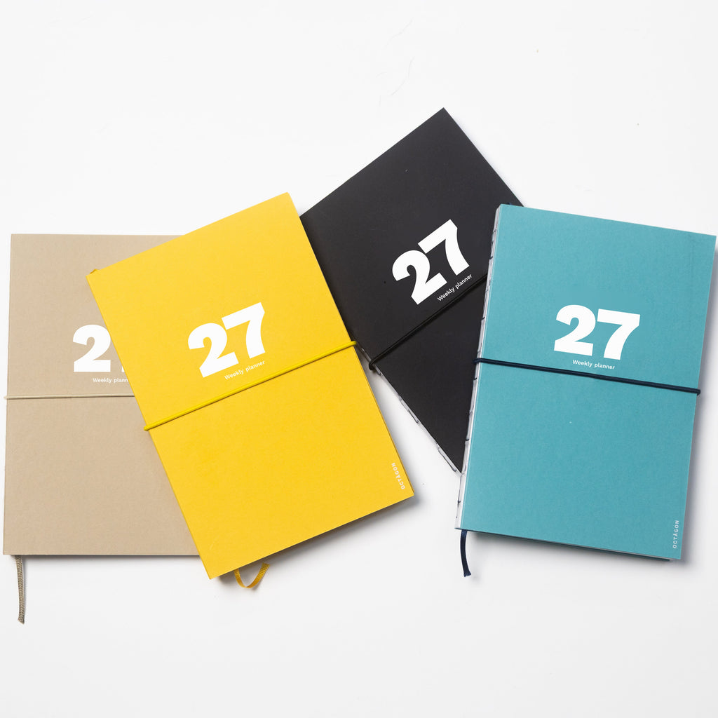 2027 Weekly Planner A5 Collection by Octàgon Design. Black, Camel, Indian Yellow and Caribbean Blue color.