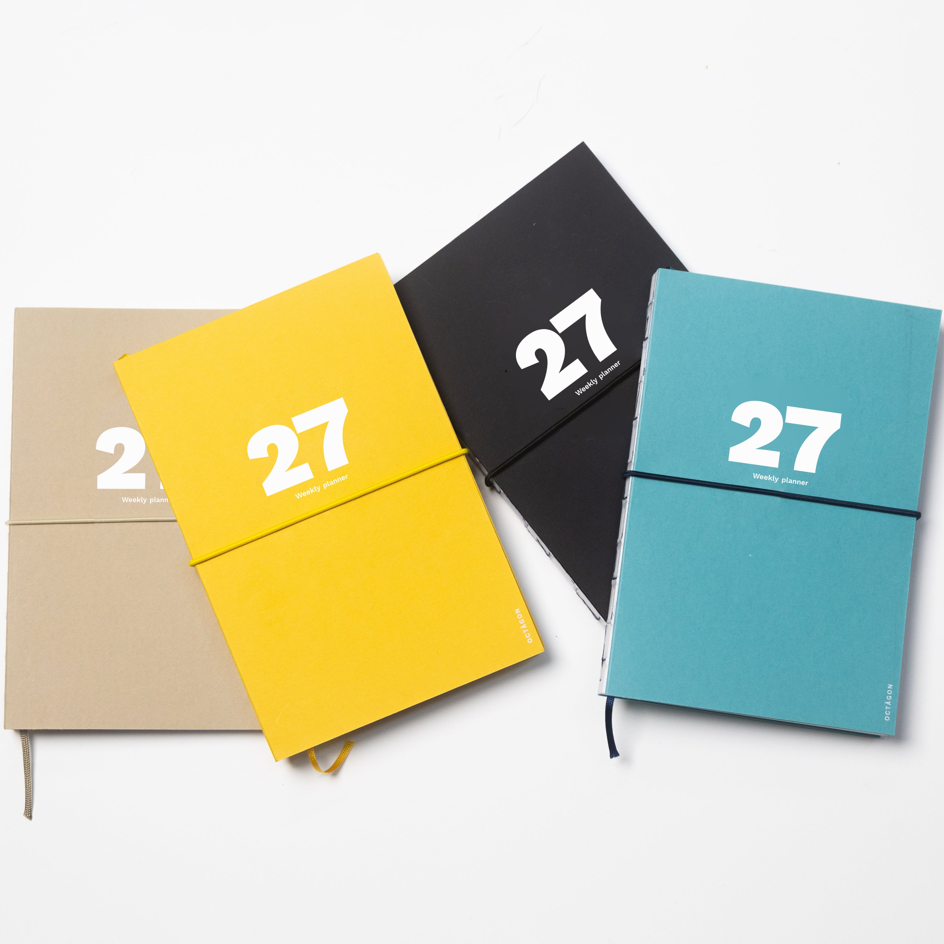 2027 Weekly Planner A5 Collection by Octàgon Design. Black, Camel, Indian Yellow and Caribbean Blue color.