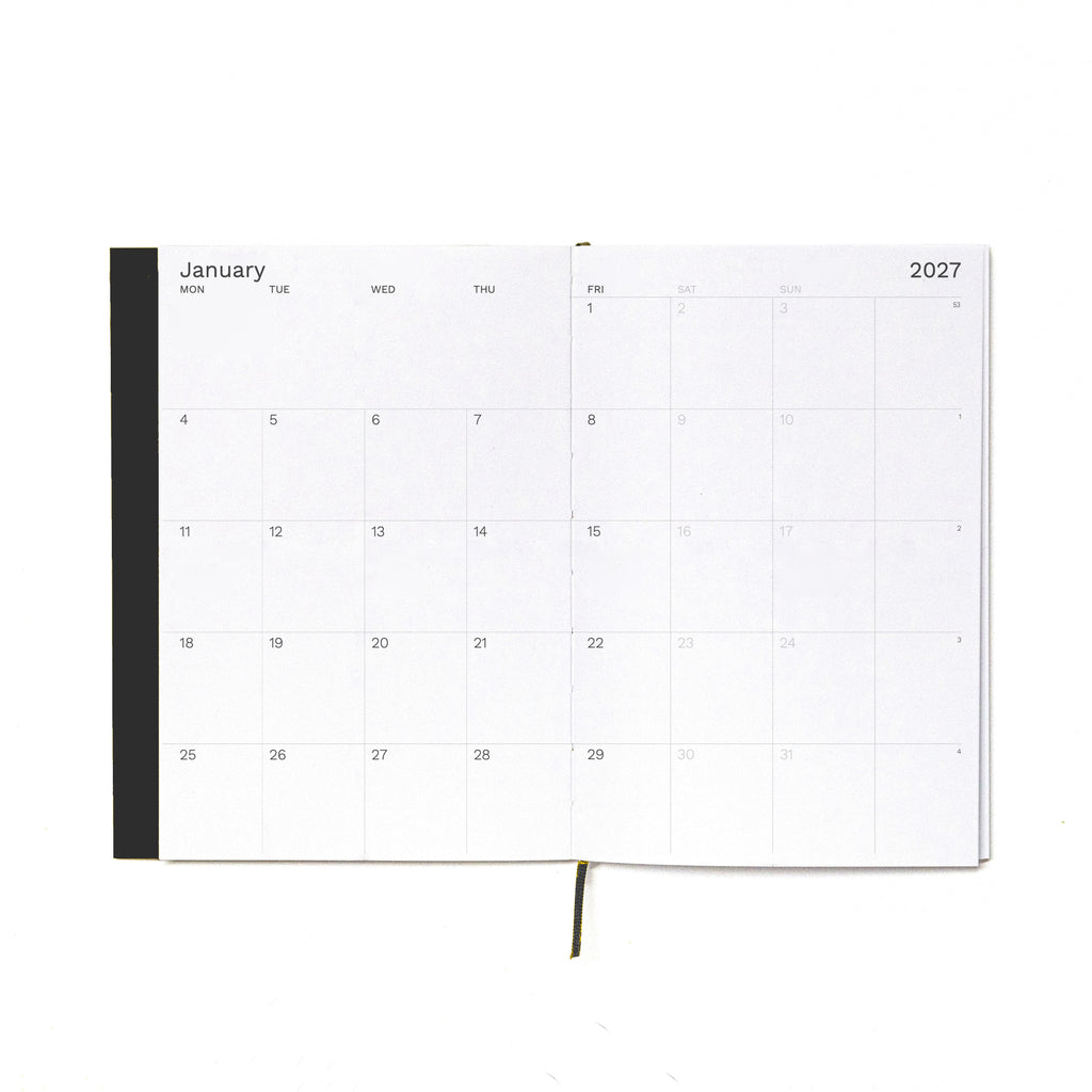 2027 Weekly Planner A5 by Octàgon Design. Black color. Monthly template.