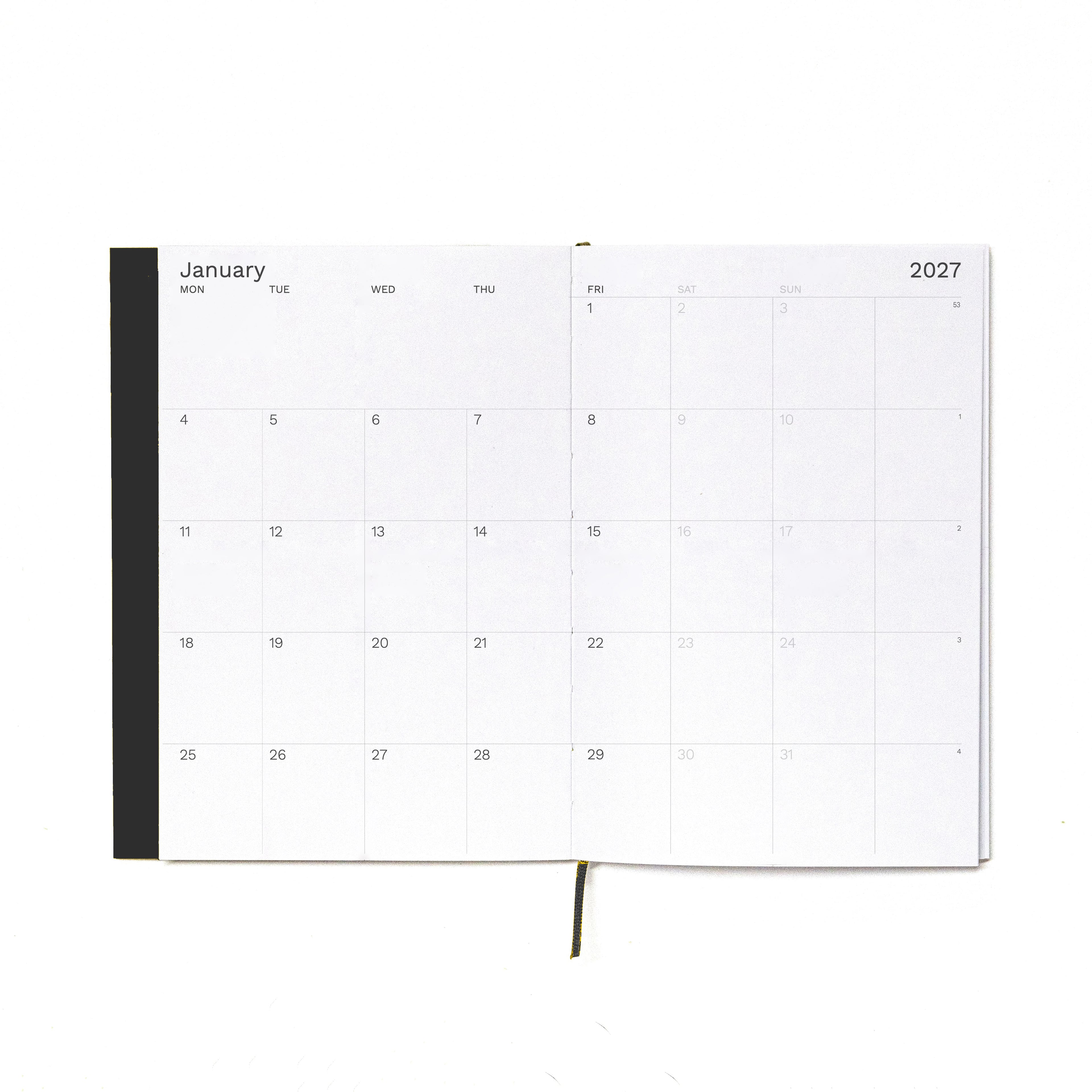 2027 Weekly Planner A5 by Octàgon Design. Black color. Monthly template.