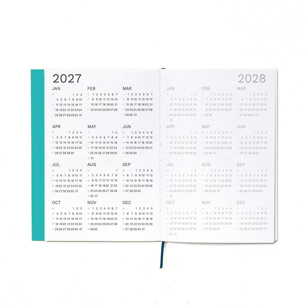 2027 Weekly Planner A5 by Octàgon Design. Caribbean Blue color. 2027 and 2028 calendars.