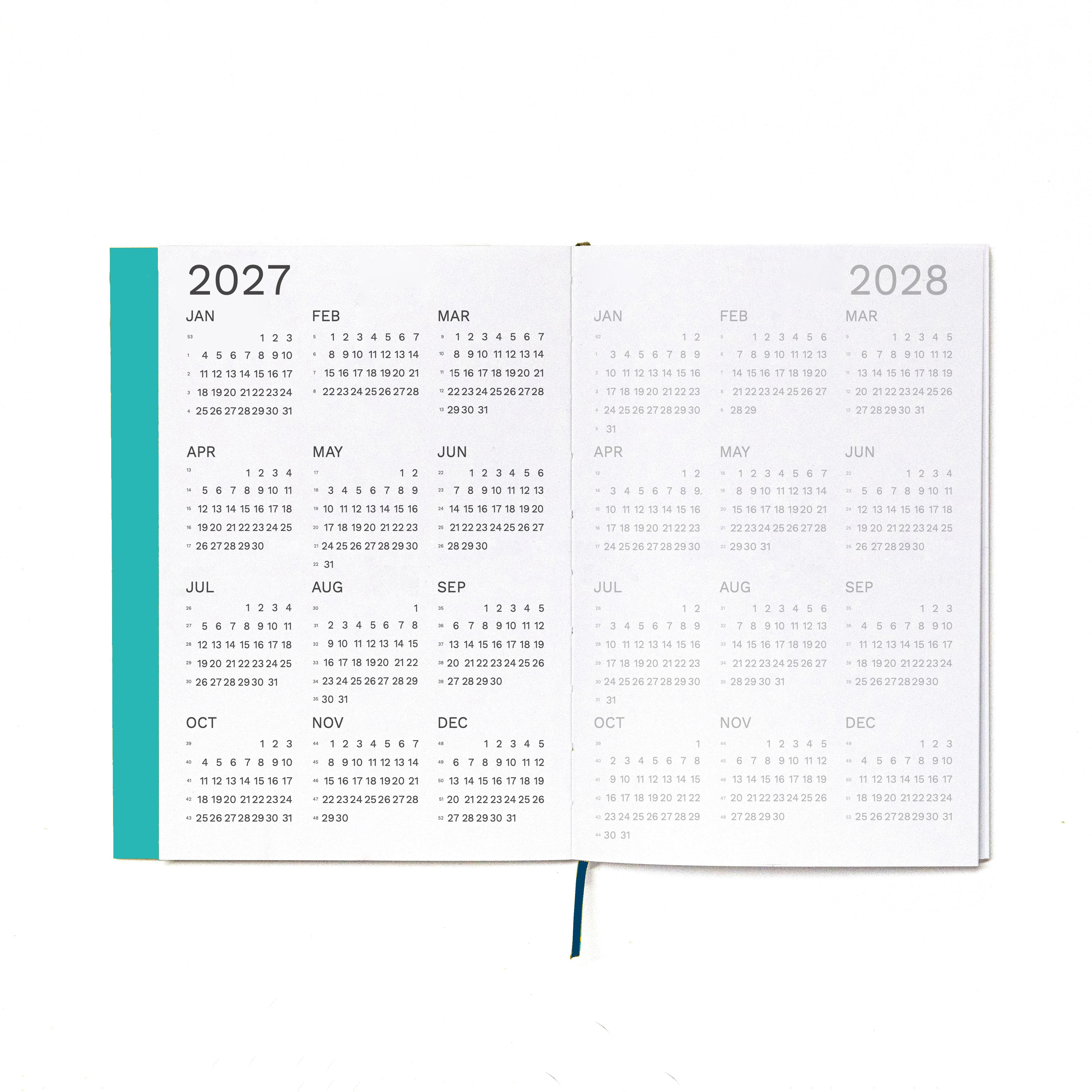 2027 Weekly Planner A5 by Octàgon Design. Caribbean Blue color. 2027 and 2028 calendars.
