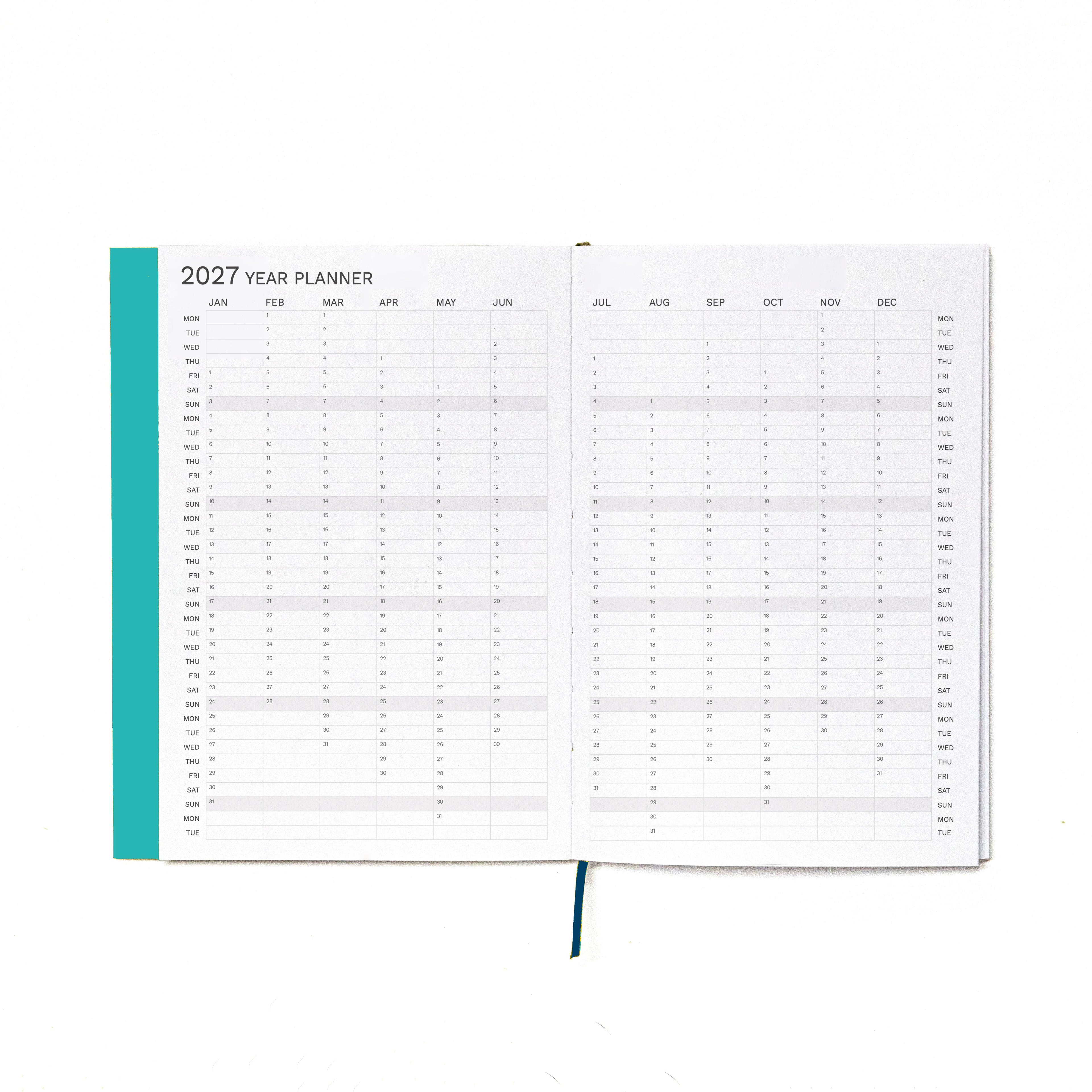 2027 Weekly Planner A5 by Octàgon Design. Caribbean Blue color. Year Planner.