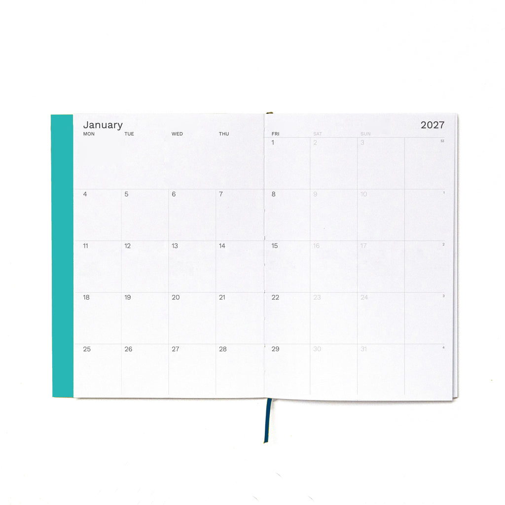 2027 Weekly Planner A5 by Octàgon Design. Caribbean Blue color. Monthly template. 