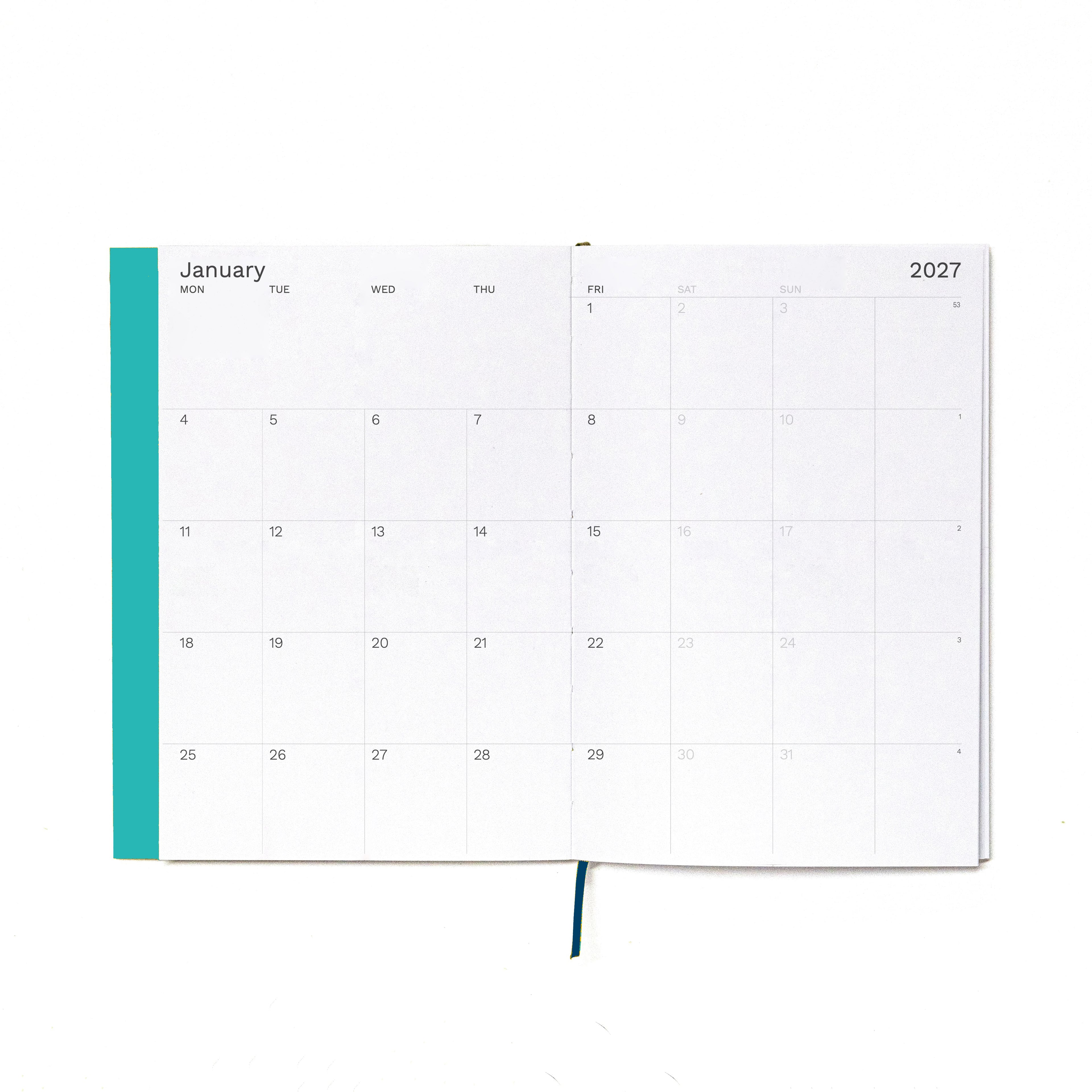 2027 Weekly Planner A5 by Octàgon Design. Caribbean Blue color. Monthly template. 