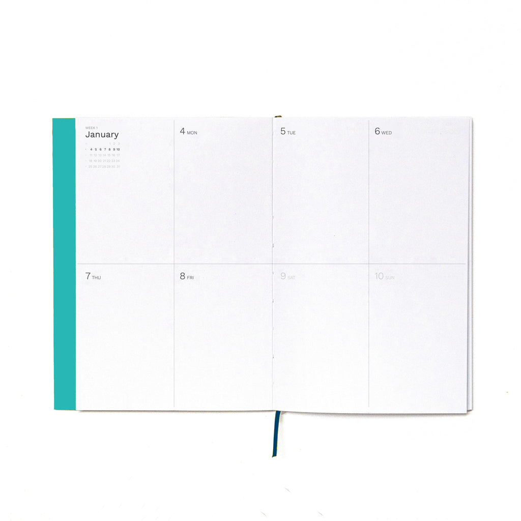 2027 Weekly Planner A5 by Octàgon Design. Caribbean Blue color. Weekly template.
