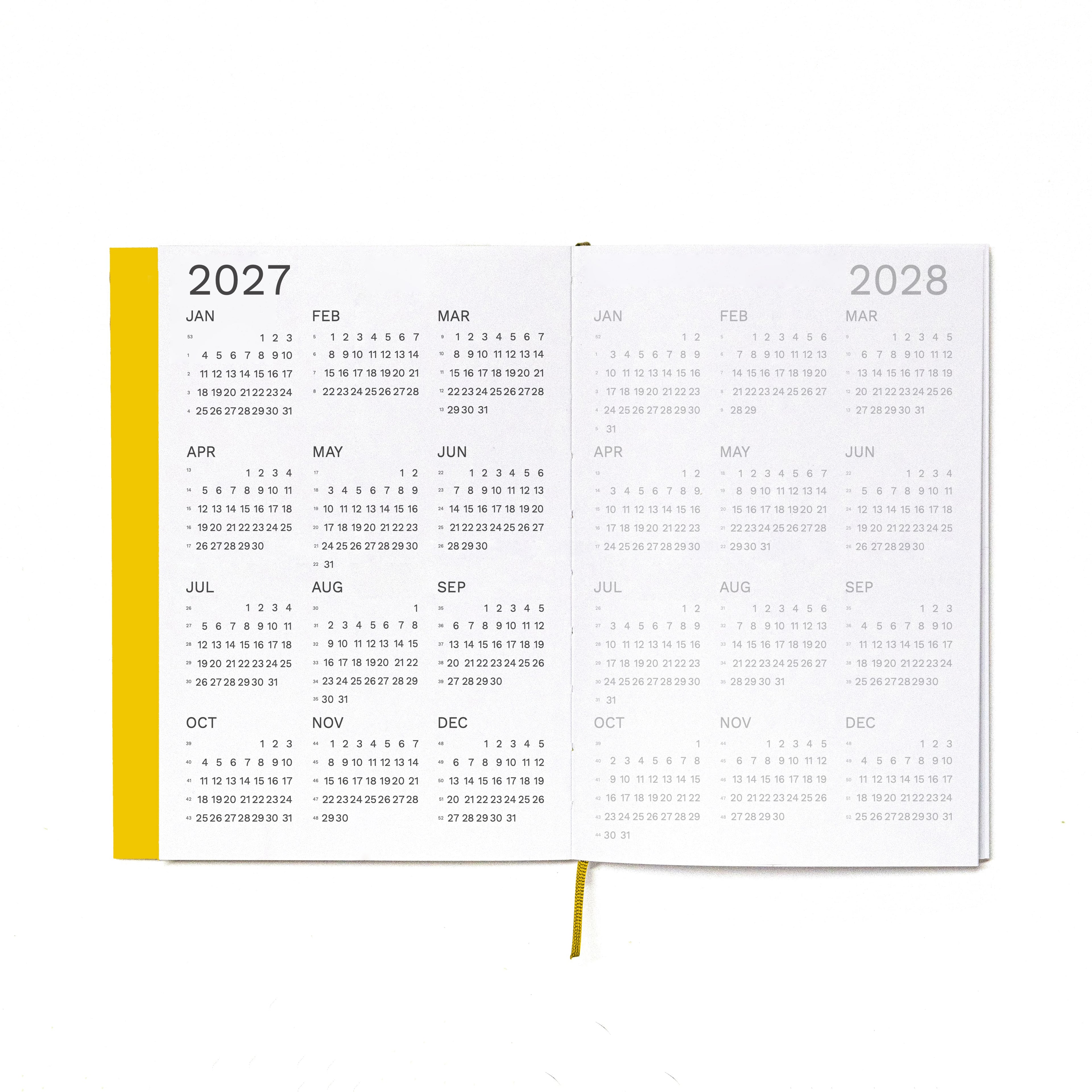 2027 Weekly Planner A5 by Octàgon Design. Indian Yellow color. 2027 and 2028 calendars