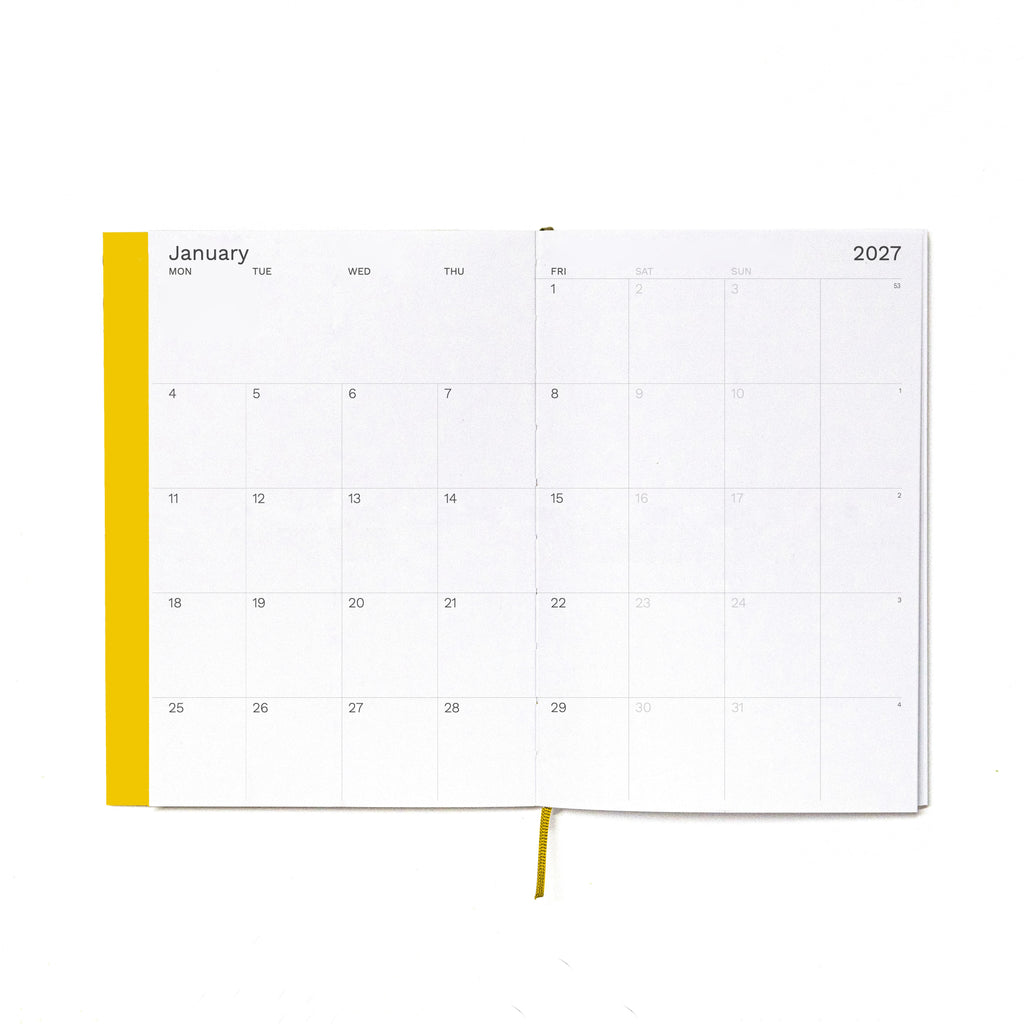 2027 Weekly Planner A5 by Octàgon Design. Indian Yellow color. Monthly template.