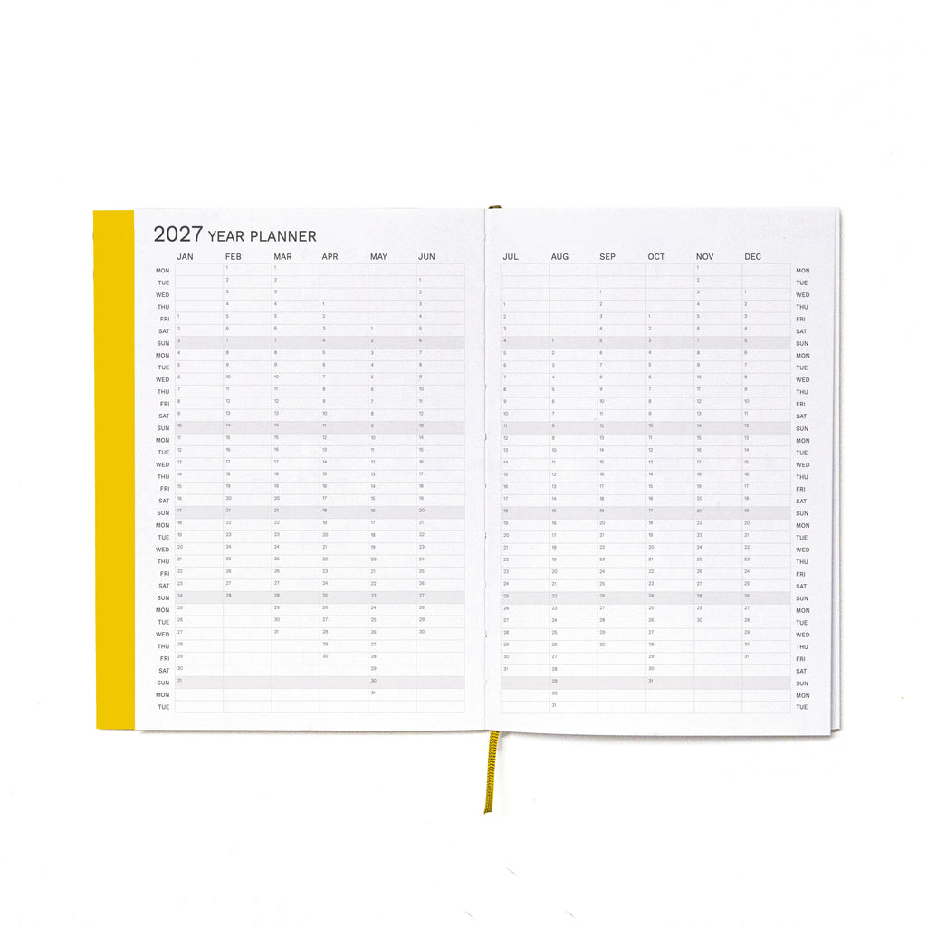 2027 Weekly Planner A5 by Octàgon Design. Indian Yellow color. Year Planner page.
