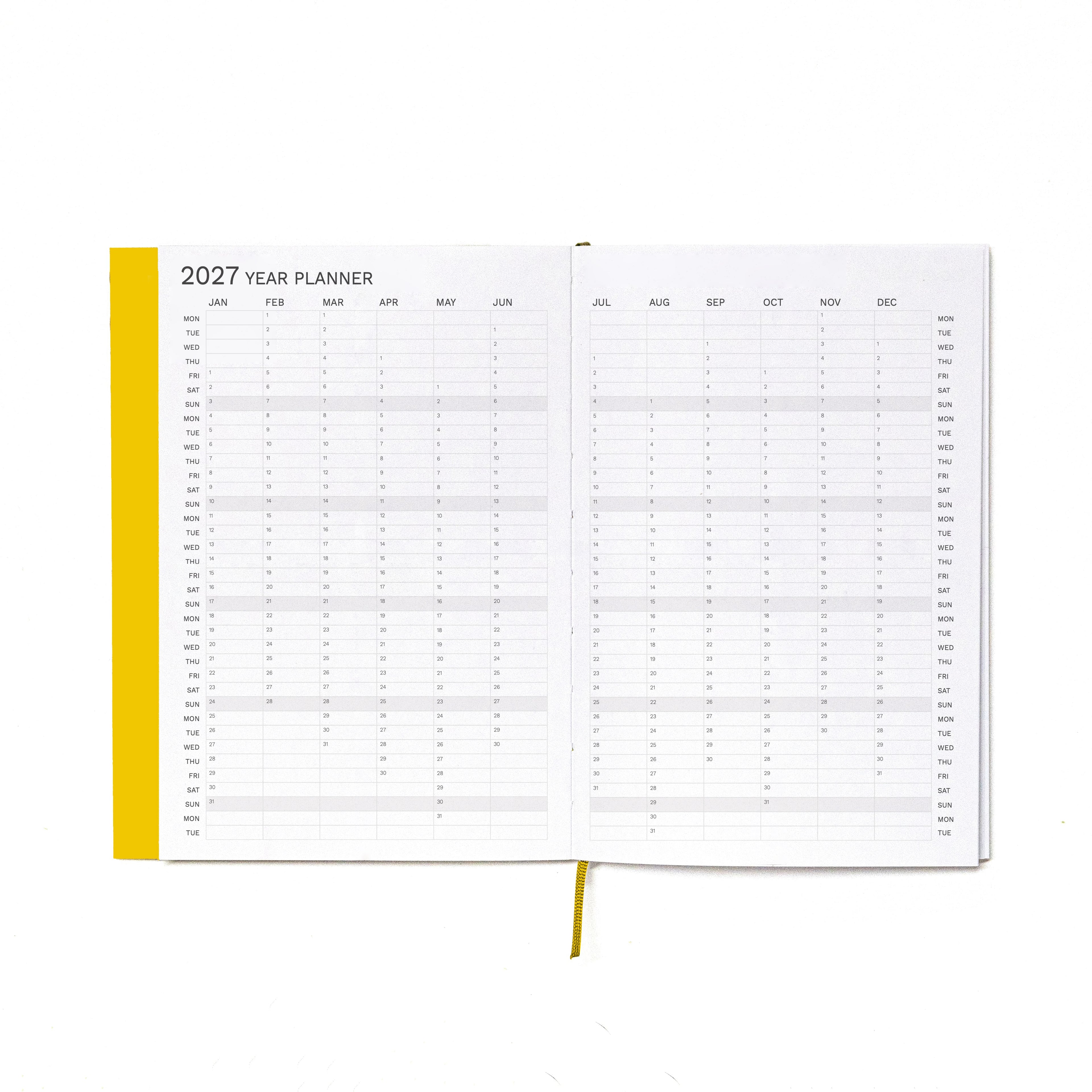 2027 Weekly Planner A5 by Octàgon Design. Indian Yellow color. Year Planner page.
