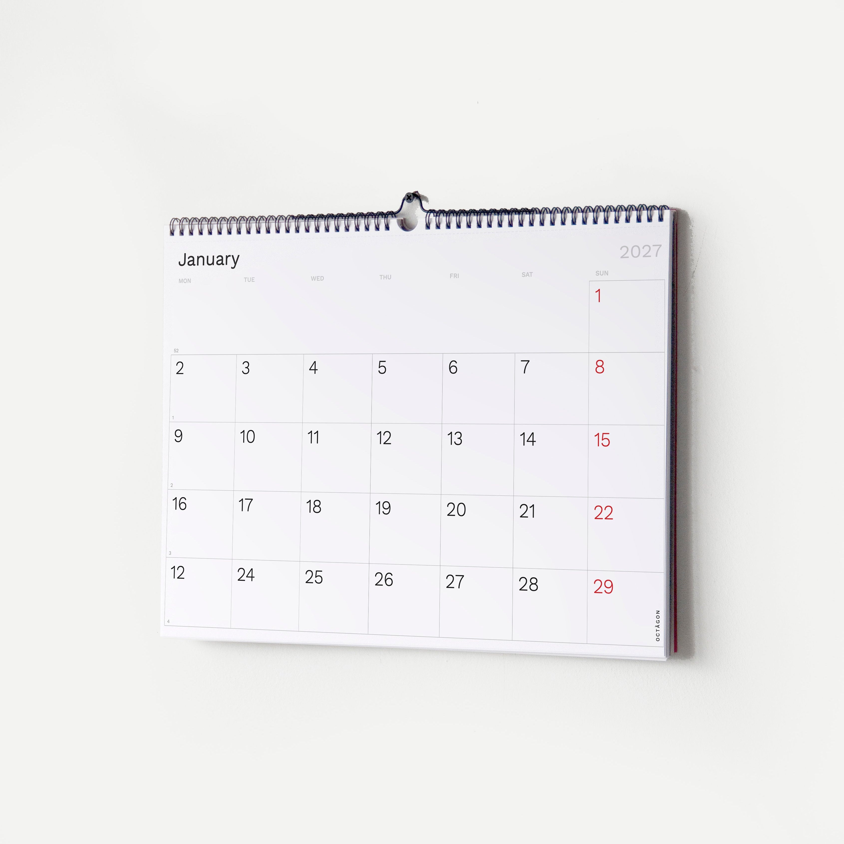 2027 Wall Planner by Octàgon Design. The calendar hanging on the wall showing the January page.