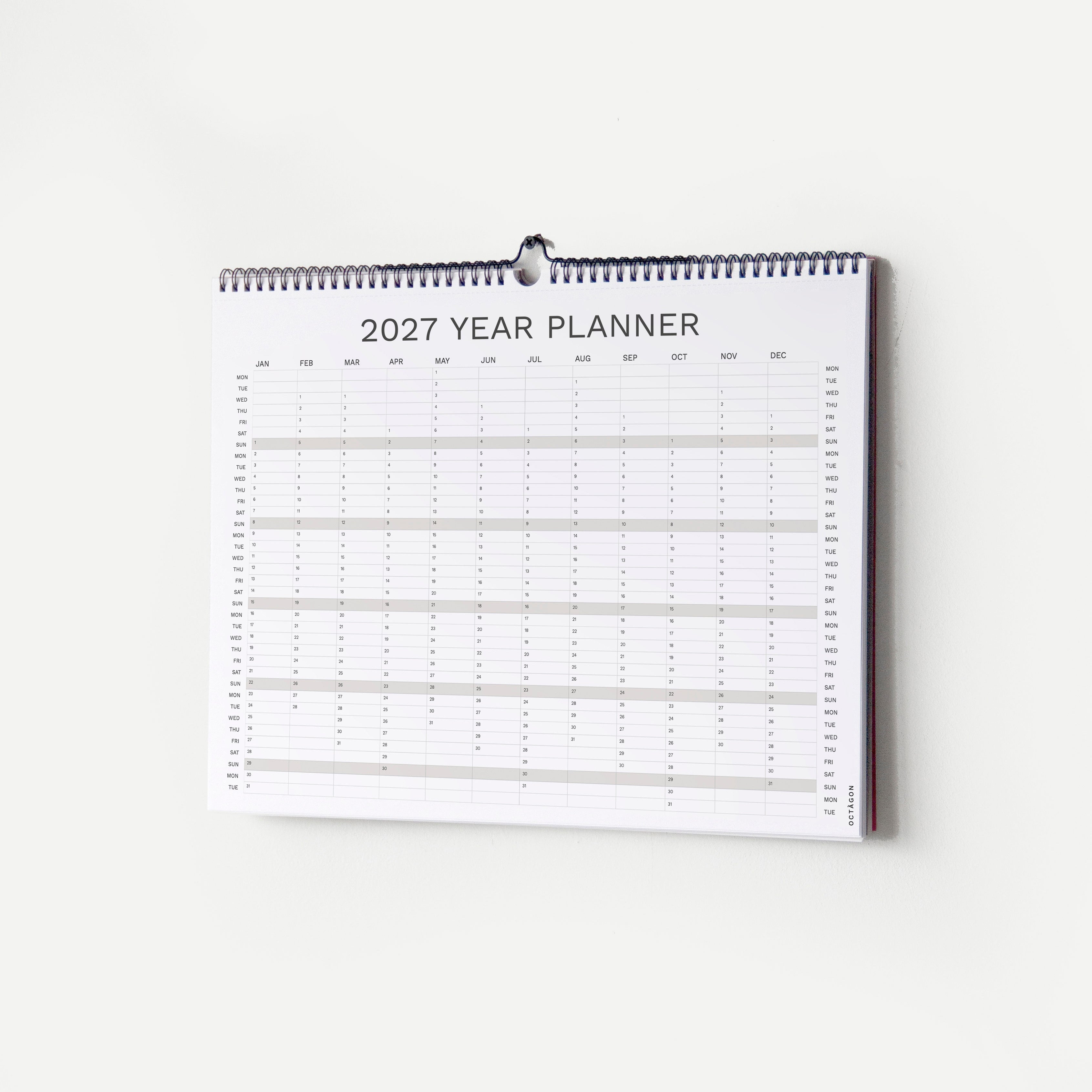 2027 Wall Planner by Octàgon Design. The calendar hanging on the wall showing the 2027 Year Planner.