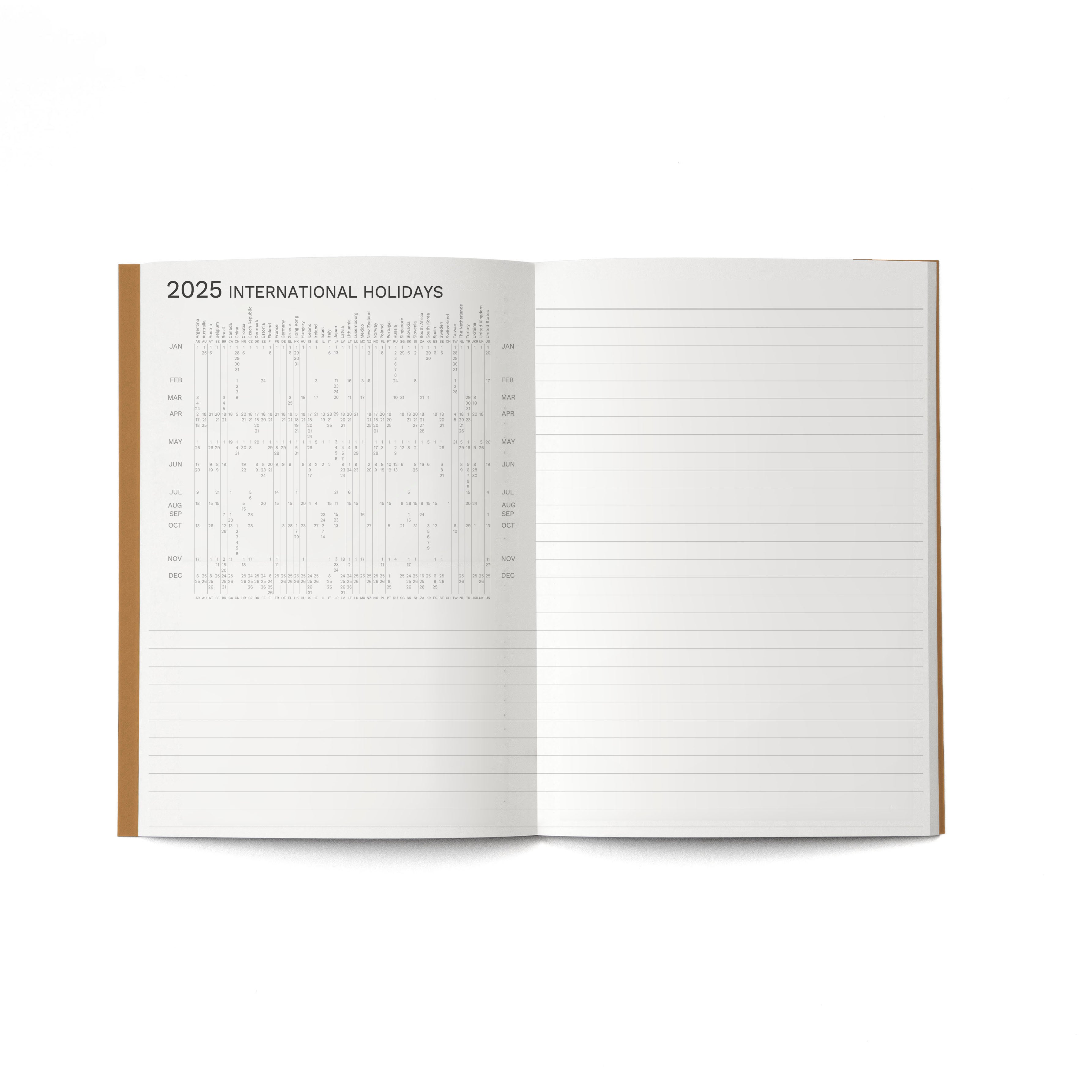 Octàgon Design, 2025 Small monthly planner plus A5 size, international holidays.