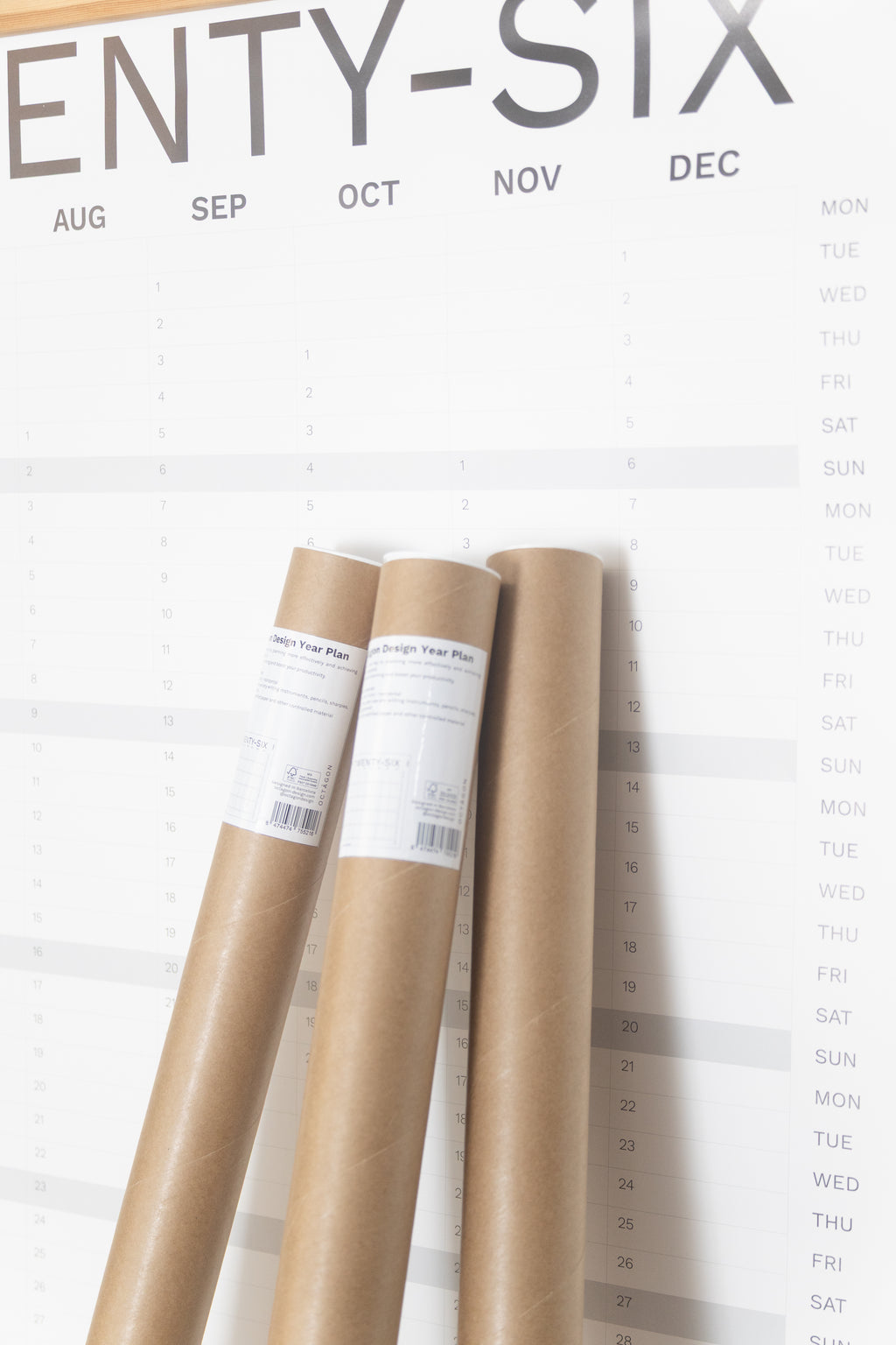 2027 Year Plan, wall calendar by Octàgon Design. Packaging.