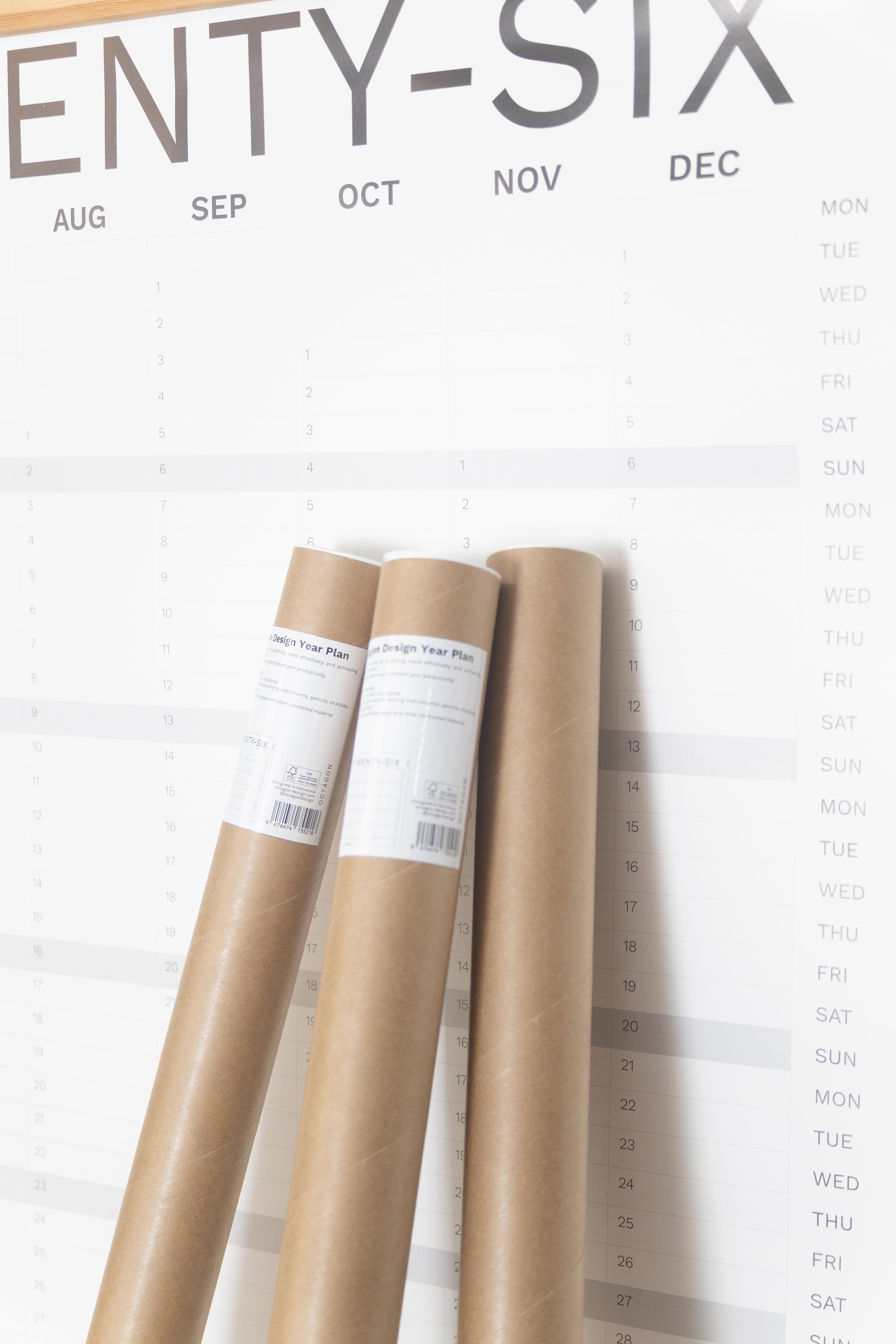 2027 Year Plan, wall calendar by Octàgon Design. Packaging.