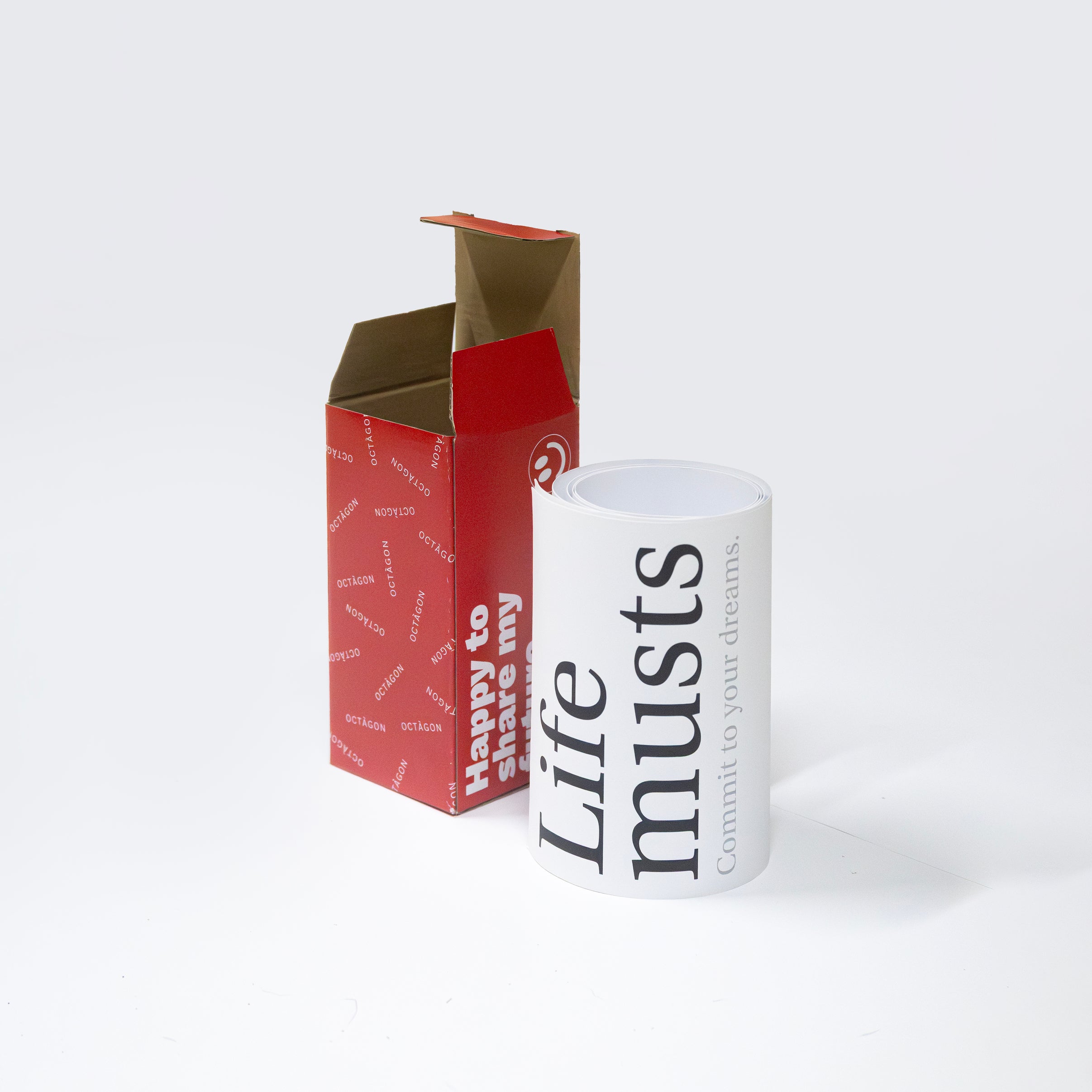 Life musts poster and his packaging a red box on a white background