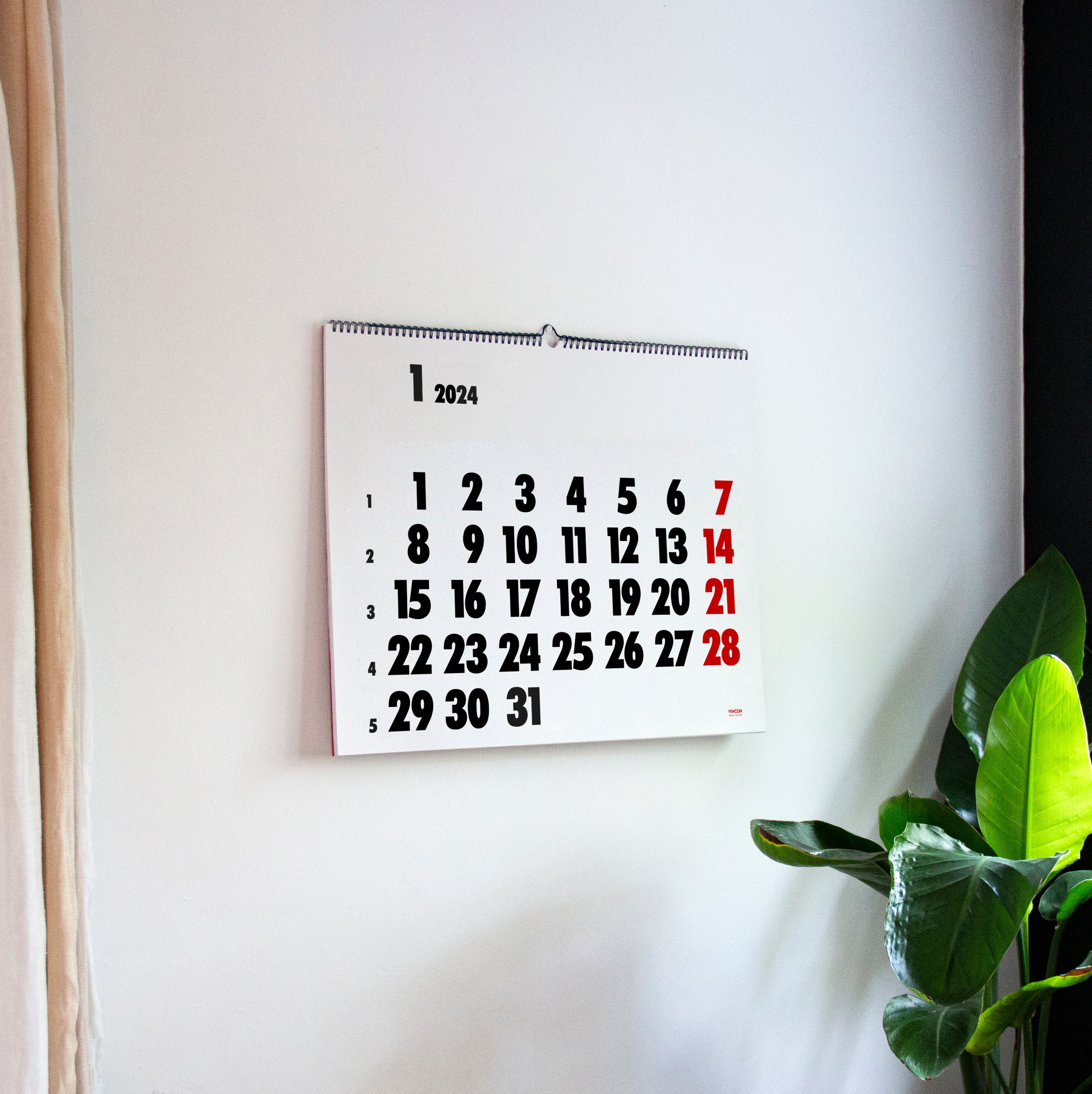 OCTÀGON DESIGN | 2024 Vinçon Wall Calendar | Red and black typography, January template.