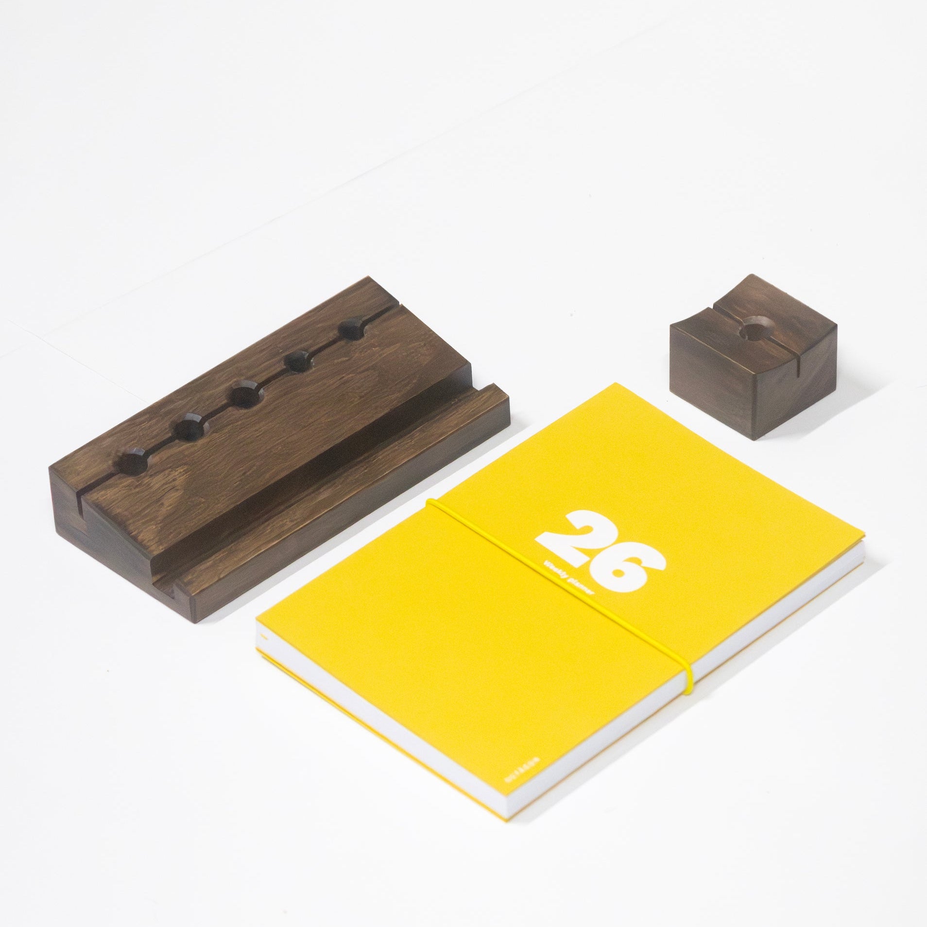Yellow 2026 Weekly Planner with the Min Collection wooden pencil holders on a white background