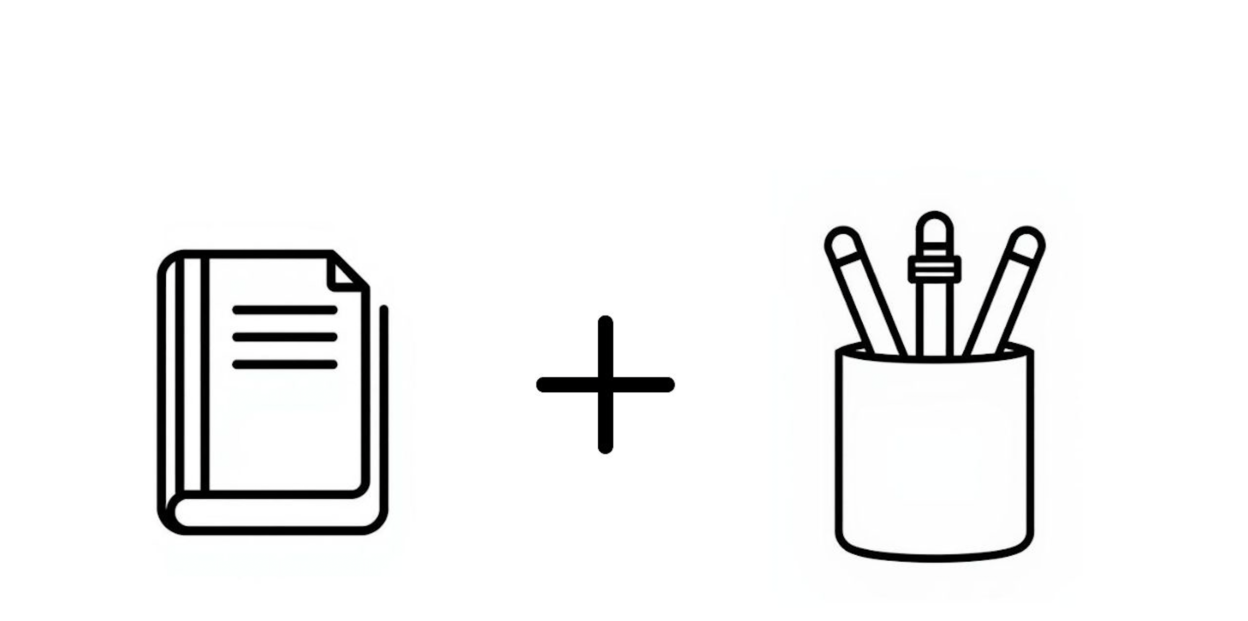 Octàgon Design Desk Essentials Pack. Icon of a notebook and a pencil holder with pens on a white background