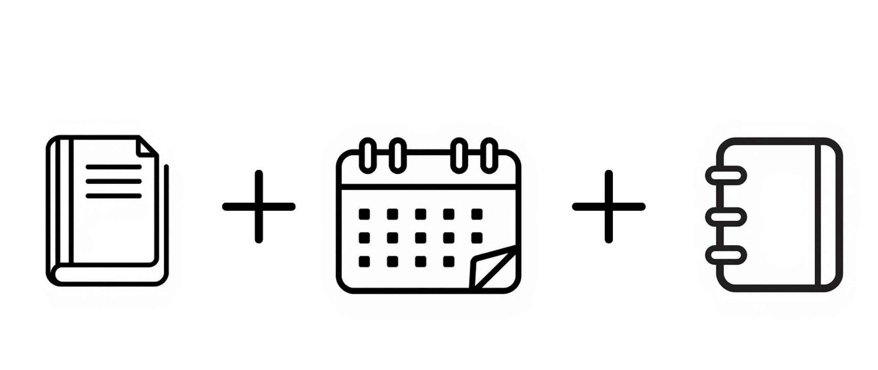 The perfect planning pack from Octàgon Design. Icons of a planner, calendar, and notebook on a white background