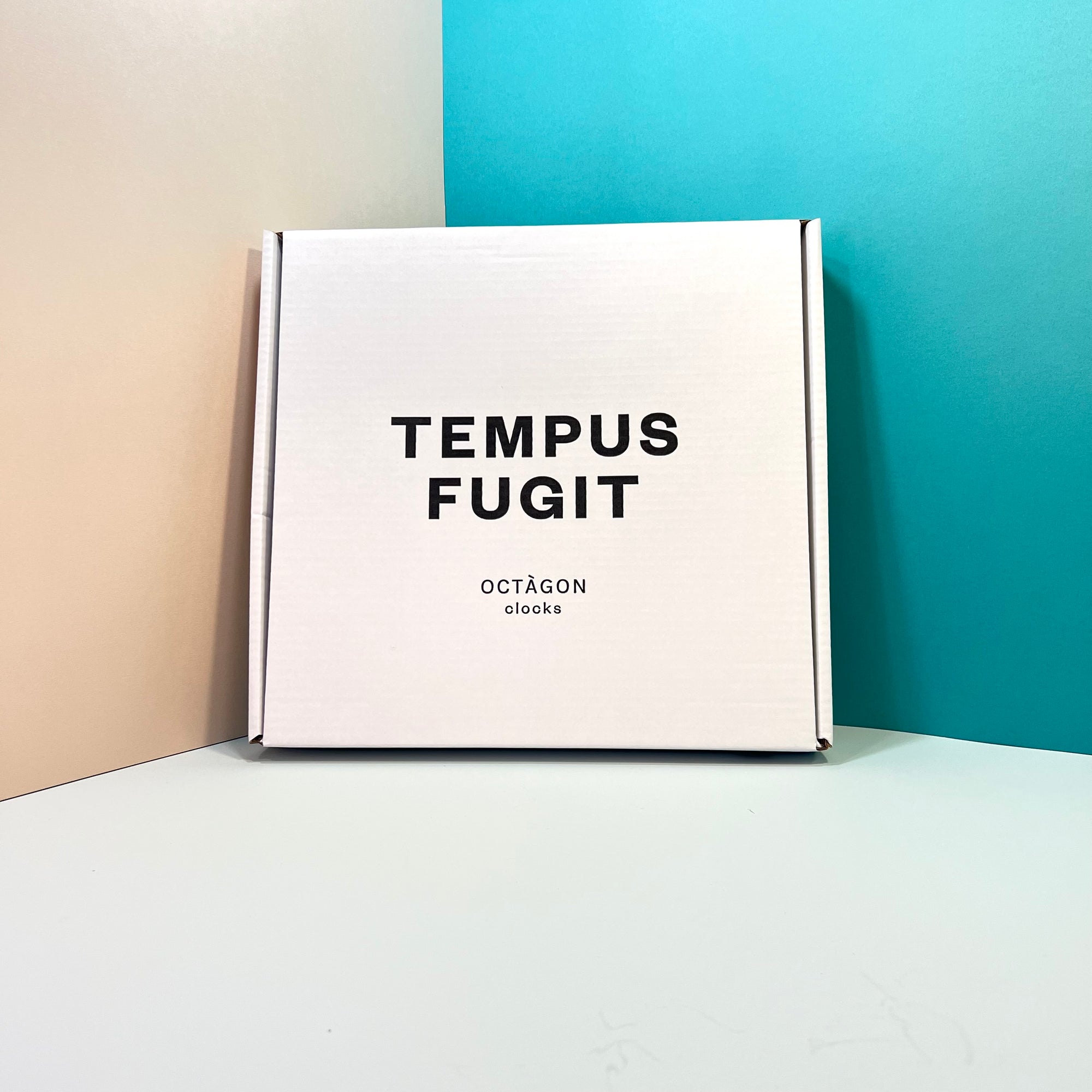 White clock box with "Tempus fugit" print black colour.