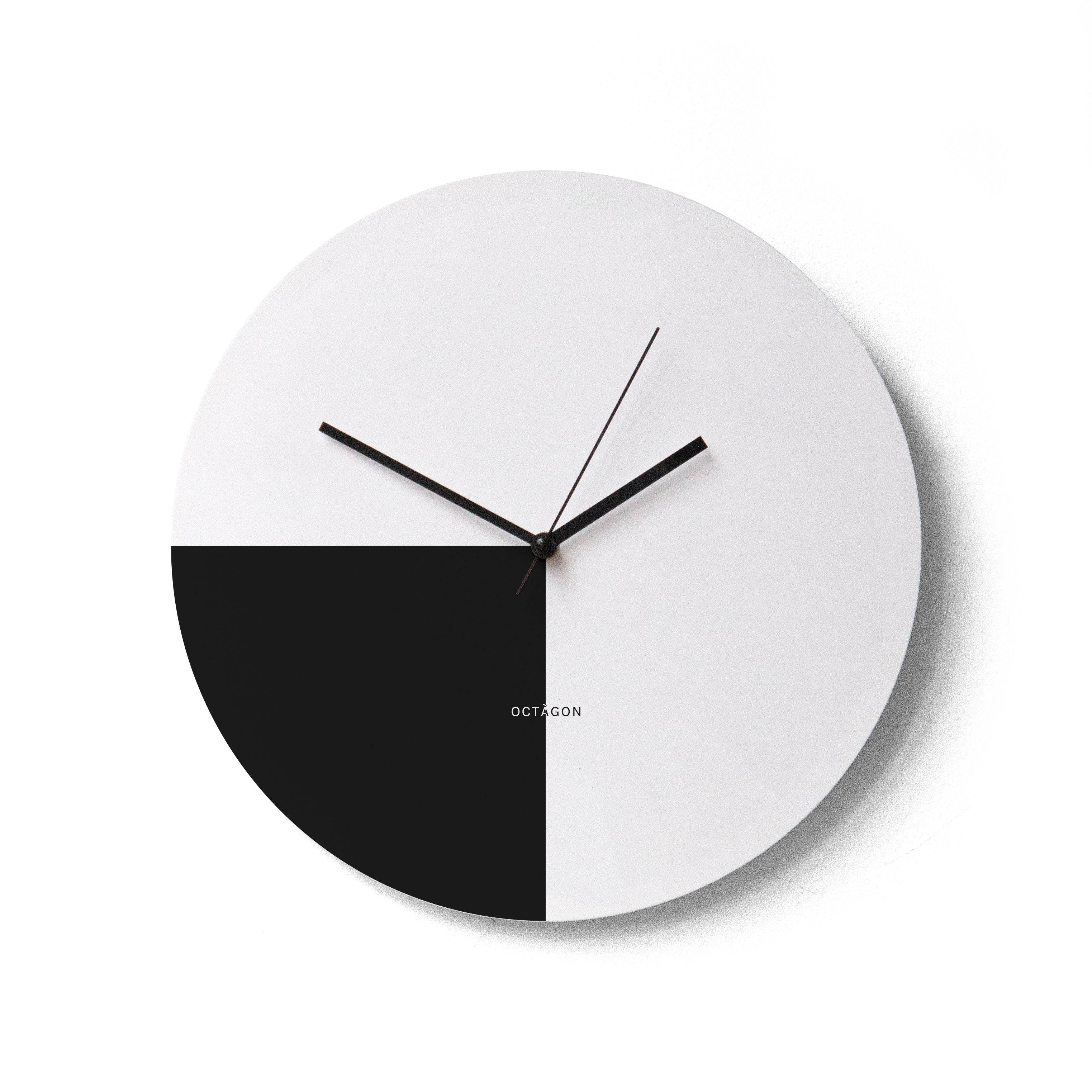 "Happy hour" wall clock. Black and white base, clock hands black colour.