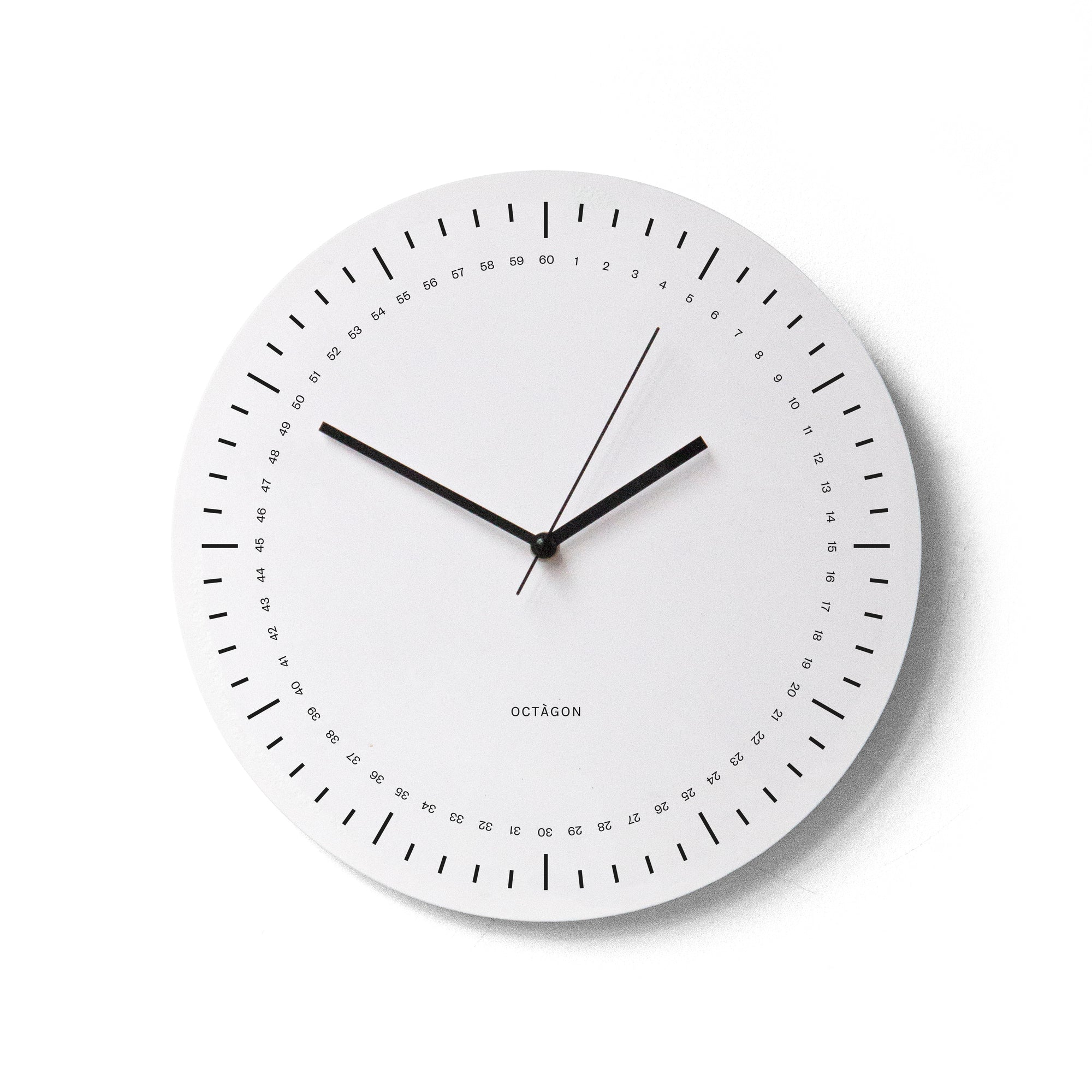 "Control" wall clock. White base, typography and clock hands black colour.