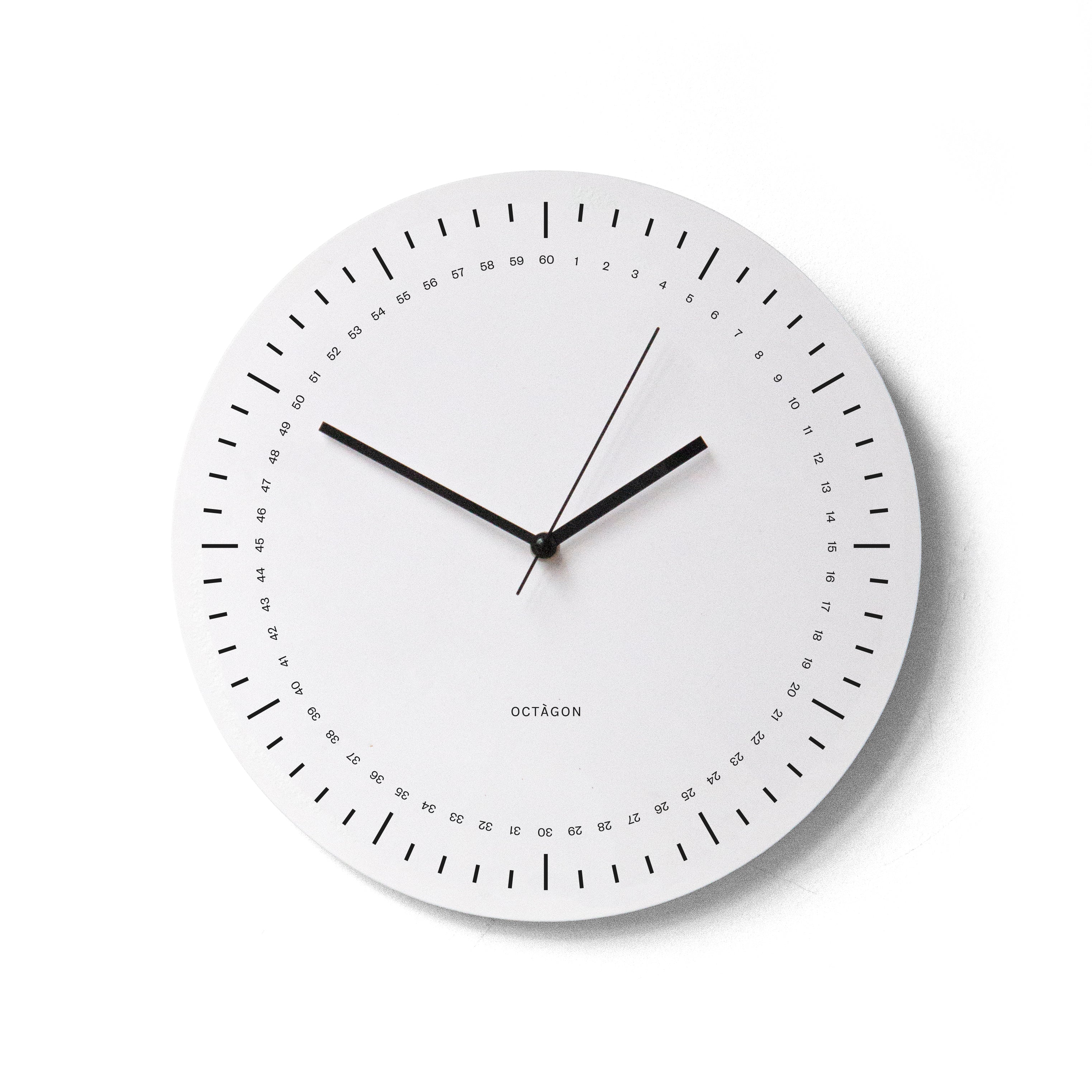 "Control" wall clock. White base, typography and clock hands black colour.
