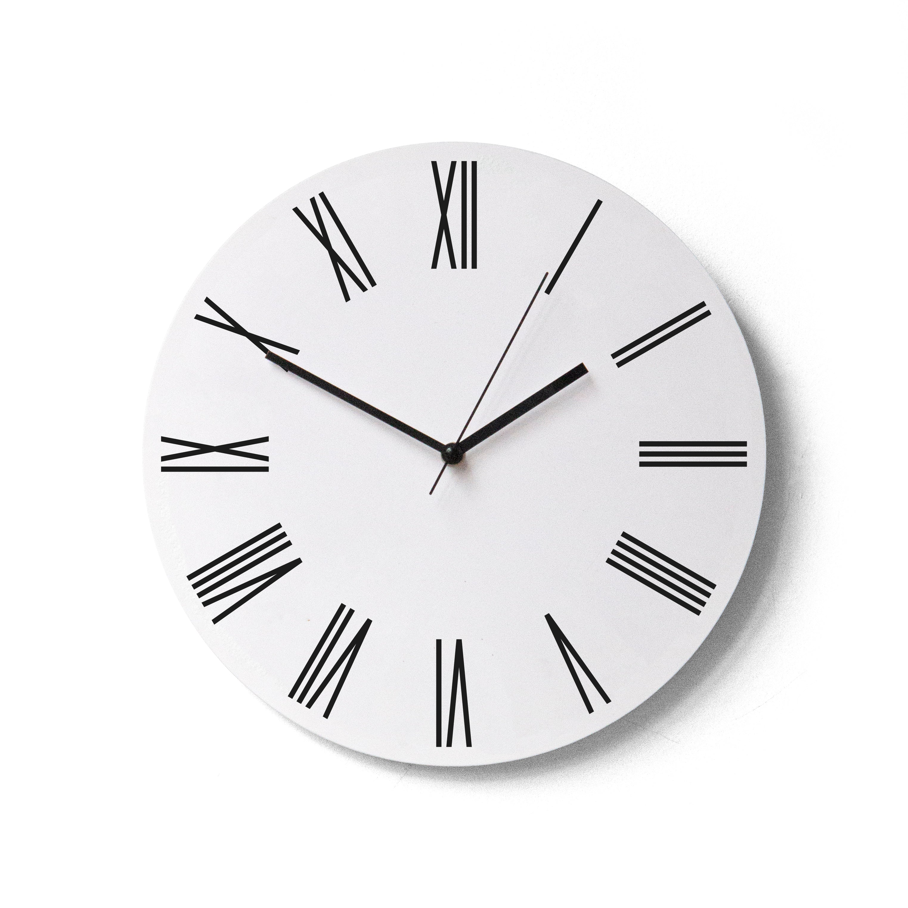 "Classic" wall clock. White base, typography and clock hands black colour.
