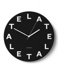 "LATE" wall clock. Black base, typography and clock hands white colour.